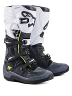 Alpinestars Tech 5-laarzen, motocross- en off-road laarzen, zwart, donkergrijs en wit, met neongele accenten, sluitingssysteem met vier gespen, wit bovenpaneel met zwart Astars-logo, donkergrijze teen- en hielbescherming en duurzame microvezelconstructie