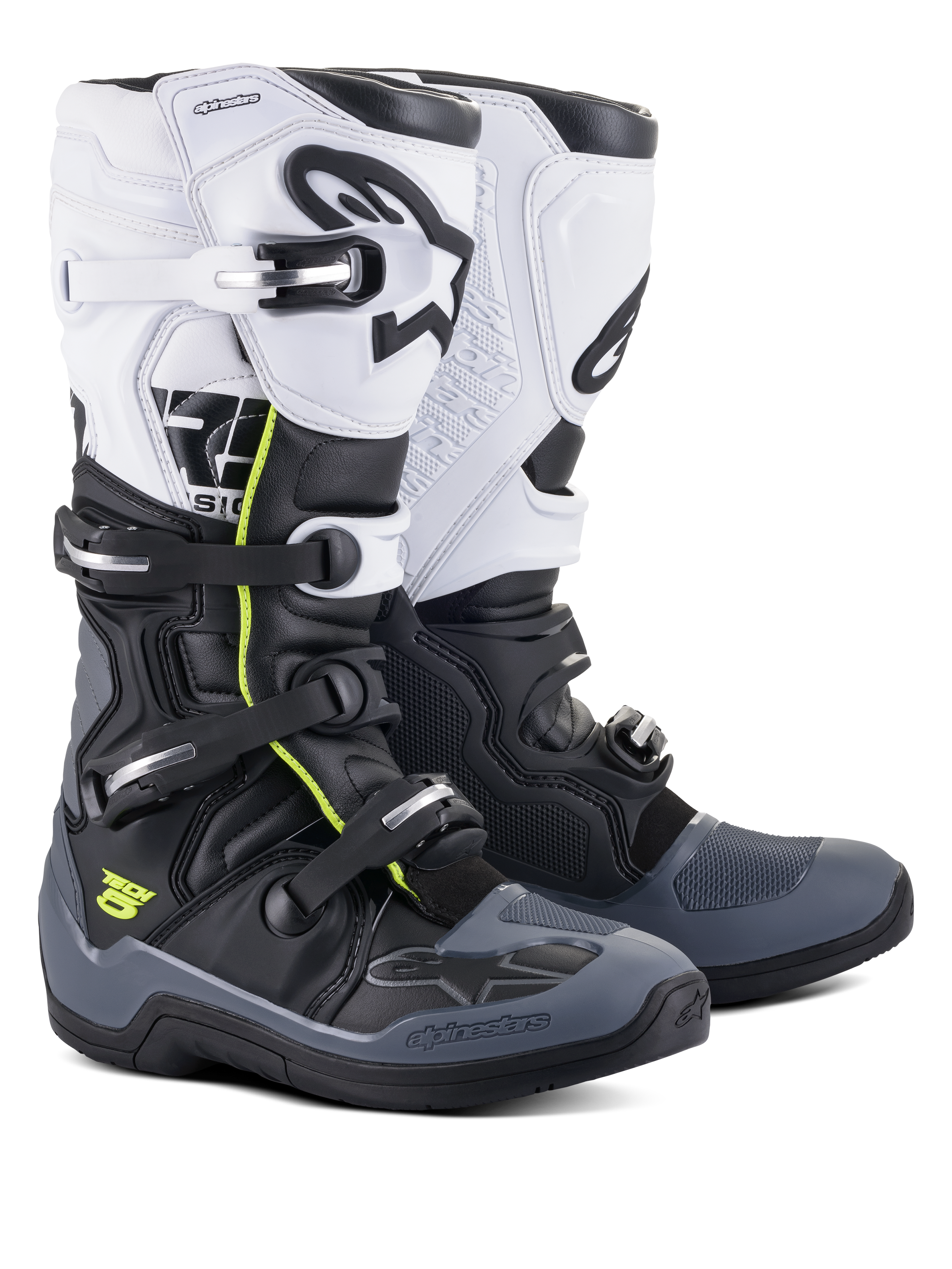 Alpinestars Tech 5-laarzen, motocross- en off-road laarzen, zwart, donkergrijs en wit, met neongele accenten, sluitingssysteem met vier gespen, wit bovenpaneel met zwart Astars-logo, donkergrijze teen- en hielbescherming en duurzame microvezelconstructie