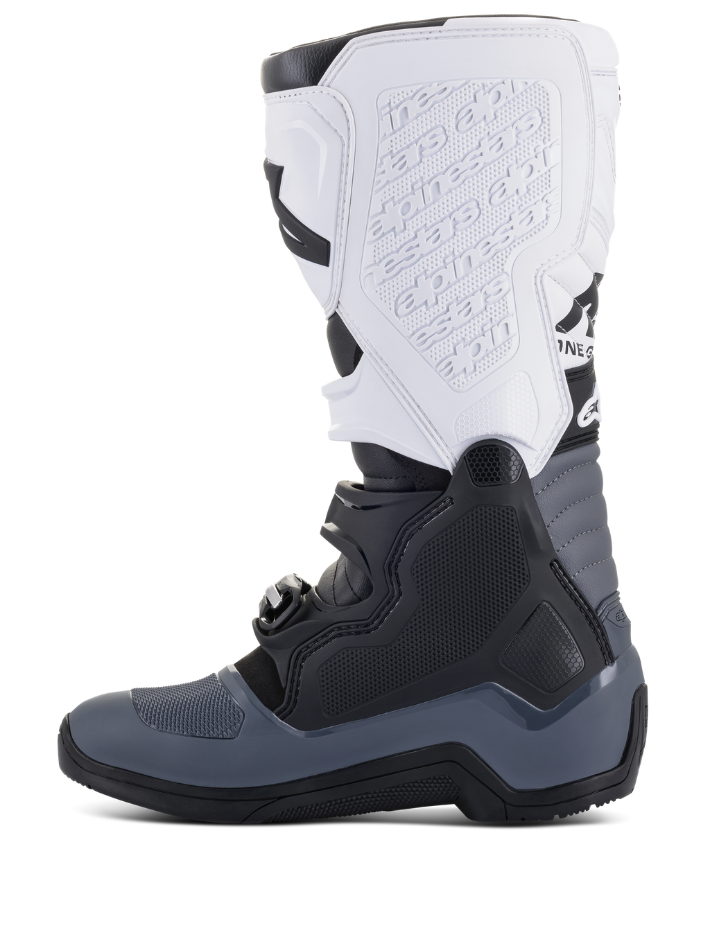 Alpinestars Tech 5 laarzen, motorcrosslaarzen, zwart, donkergrijs en wit, zijprofiel met meerdere gespsluitingen, logo in reliëf op de witte scheenplaat en duurzame constructie voor off-road prestaties