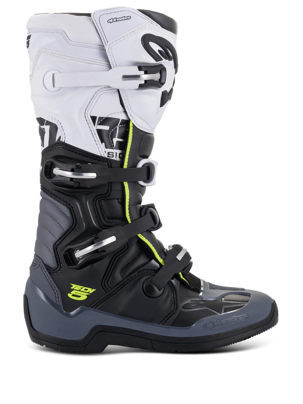 Alpinestars Tech 5 laarzen, motocross-racelaarzen, wit, zwart en donkergrijs met fluorgele accenten, voorzien van een sluitsysteem met vier gespen, versterkte beschermpanelen en biomechanisch scharnierpunt, hoogwaardige microvezelconstructie voor off-road prestaties