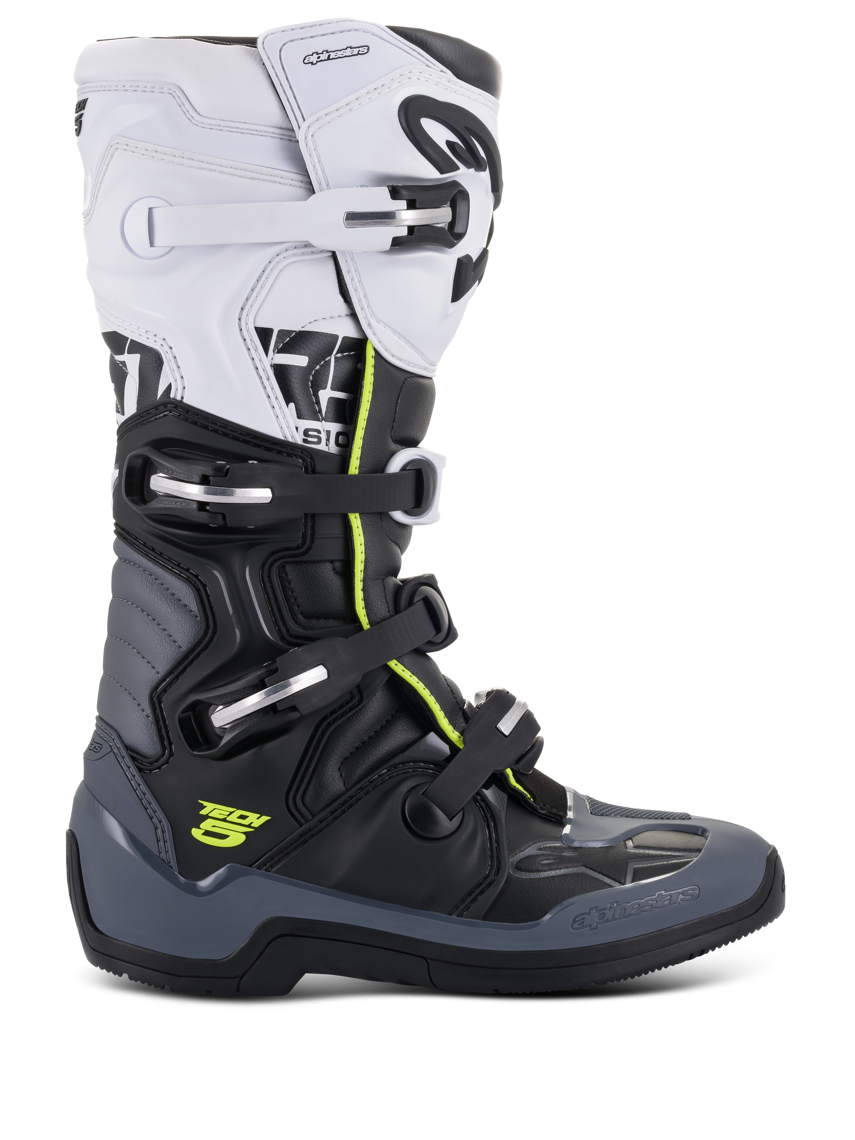 Alpinestars Tech 5 laarzen, motocross-racelaarzen, wit, zwart en donkergrijs met fluorgele accenten, voorzien van een sluitsysteem met vier gespen, versterkte beschermpanelen en biomechanisch scharnierpunt, hoogwaardige microvezelconstructie voor off-road prestaties