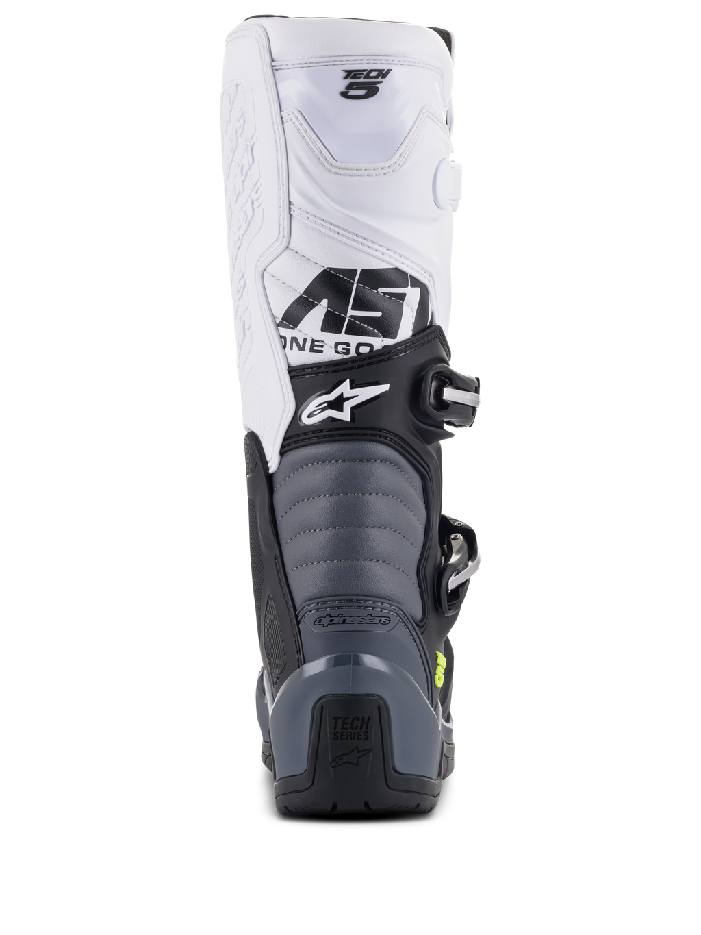 Alpinestars Tech 5 laarzen, motorcrosslaarzen, zwart donkergrijs wit, achteraanzicht met witte bovenkant en Tech 5-branding, grijze accordeon flexzones en zwarte hielbeschermer met Tech Series-logo