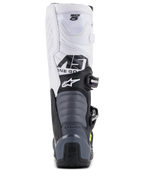 Alpinestars Tech 5 laarzen, motorcrosslaarzen, zwart donkergrijs wit, achteraanzicht met witte bovenkant en Tech 5-branding, grijze accordeon flexzones en zwarte hielbeschermer met Tech Series-logo