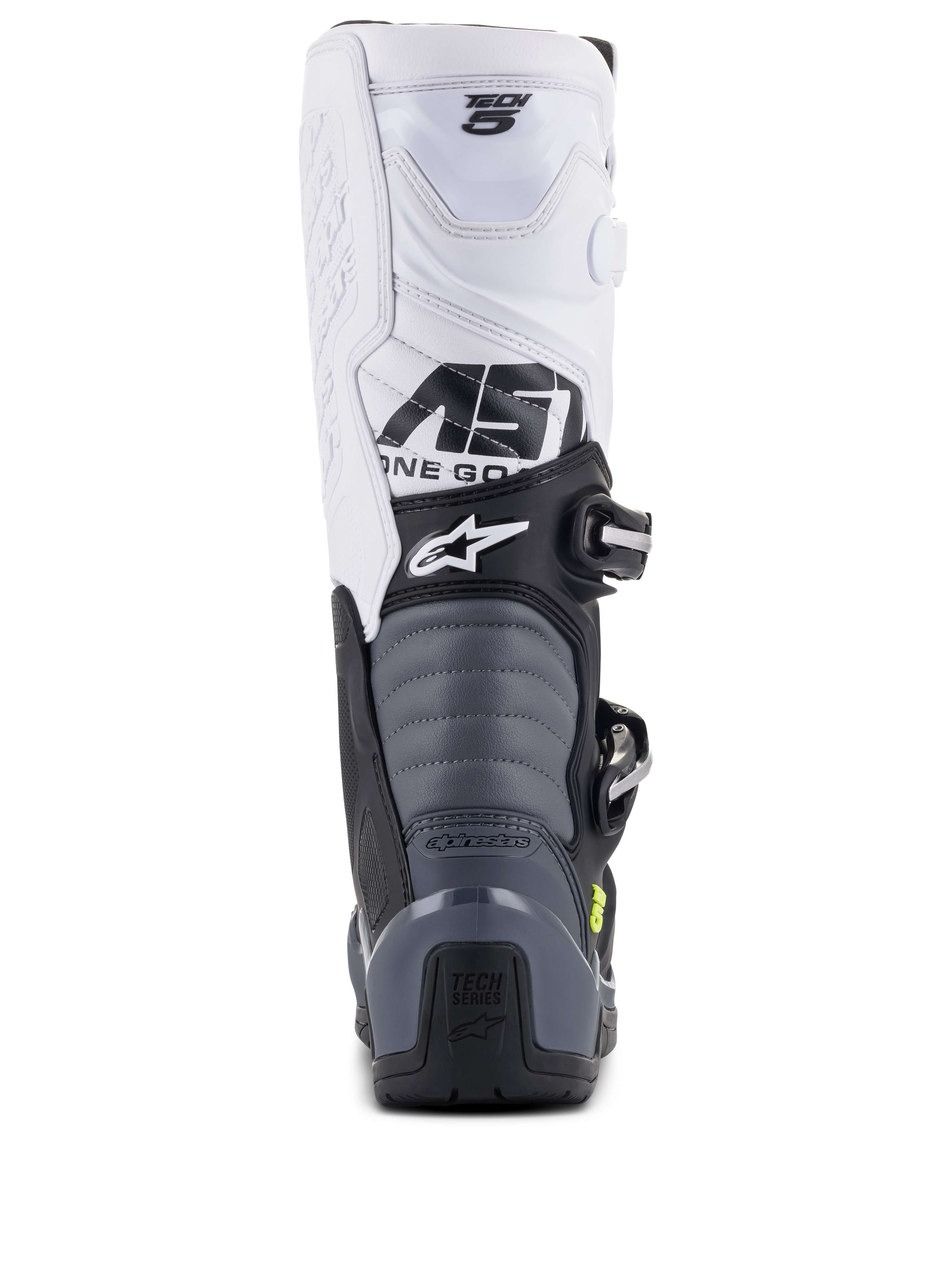 Alpinestars Tech 5 laarzen, motorcrosslaarzen, zwart donkergrijs wit, achteraanzicht met witte bovenkant en Tech 5-branding, grijze accordeon flexzones en zwarte hielbeschermer met Tech Series-logo