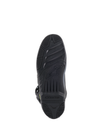 Alpinestars Tech 5 laarzen, onderaanzicht van de zool, zwart, gedetailleerd getextureerd profielpatroon voor off-road grip, voorzien van Alpinestars-logo en stersymbool in reliëf, duurzame constructie voor motorcross.