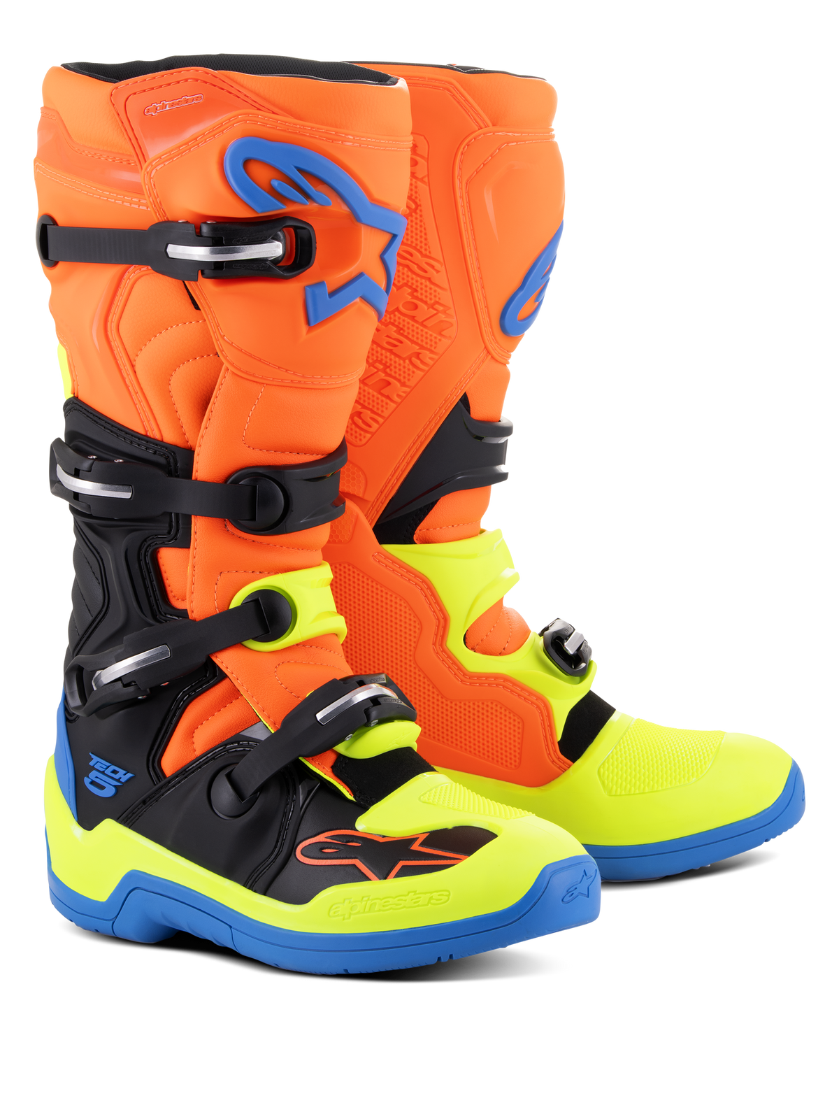 Alpinestars Tech 5 laarzen, motorcross laarzen, fluo oranje, emaille blauw en fluo geel, met een sluitingssysteem met vier gespen, biomechanisch draaipunt voor stabiliteit en een opvallend meerkleurig ontwerp voor off-road rijden