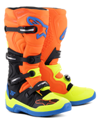 Alpinestars Tech 5 laarzen, motorcross laarzen, fluo oranje, emaille blauw en fluo geel, met een sluitingssysteem met vier gespen, biomechanisch draaipunt voor stabiliteit en een opvallend meerkleurig ontwerp voor off-road rijden