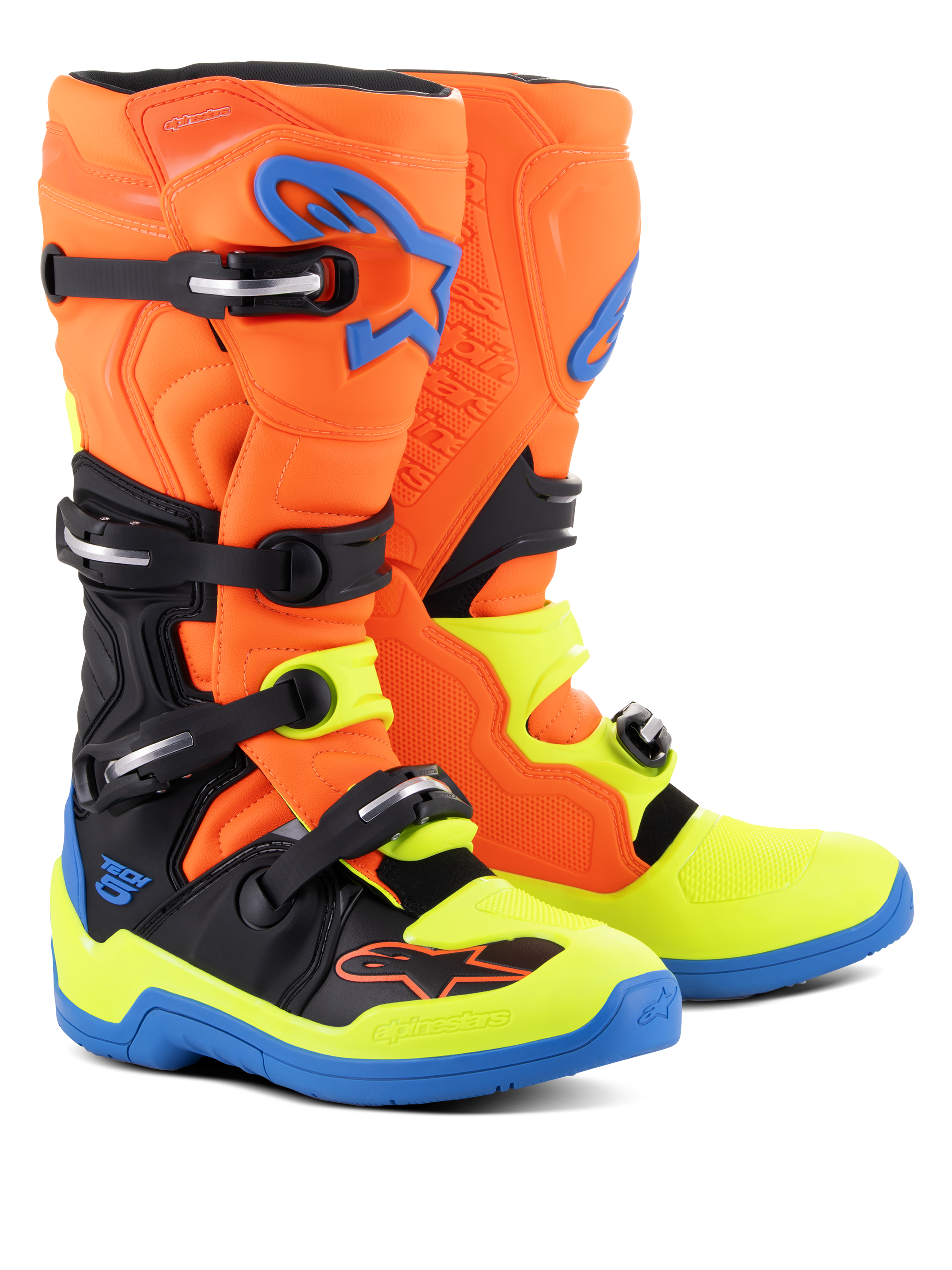 Alpinestars Tech 5 laarzen, motorcross laarzen, fluo oranje, emaille blauw en fluo geel, met een sluitingssysteem met vier gespen, biomechanisch draaipunt voor stabiliteit en een opvallend meerkleurig ontwerp voor off-road rijden