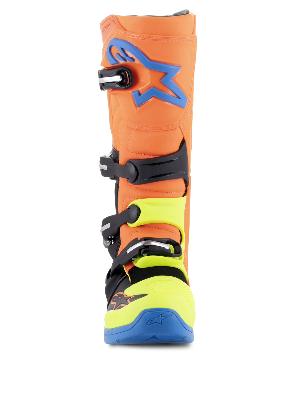 Alpinestars Tech 5 laarzen, motocrosslaarzen, oranje fluo, enamel blue en geel fluo, vooraanzicht met het sluitingssysteem met vier gespen, blauw Alpinestars-logo op de scheen en neongele accenten op de neus en gespen.