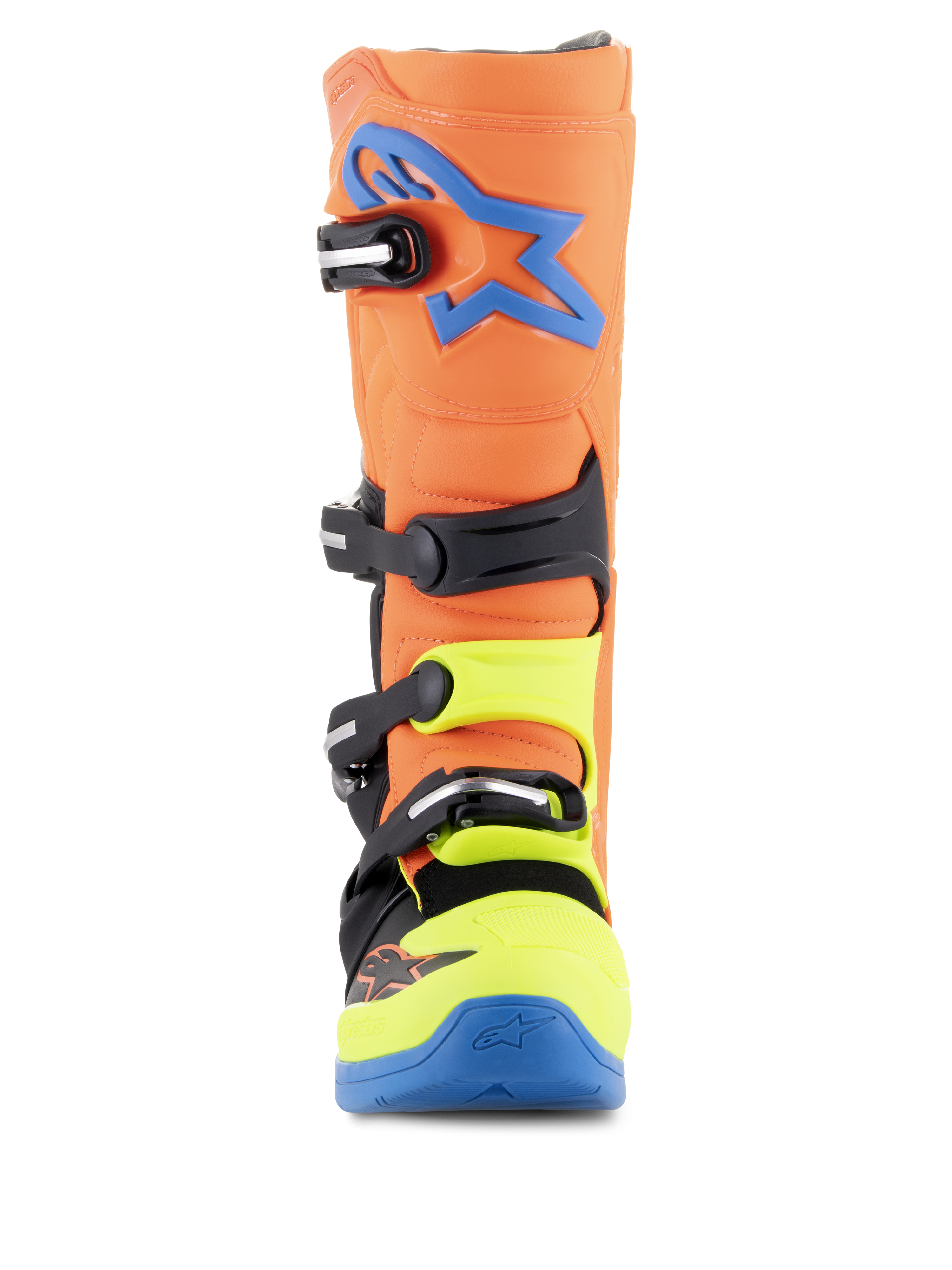 Alpinestars Tech 5 laarzen, motocrosslaarzen, oranje fluo, enamel blue en geel fluo, vooraanzicht met het sluitingssysteem met vier gespen, blauw Alpinestars-logo op de scheen en neongele accenten op de neus en gespen.