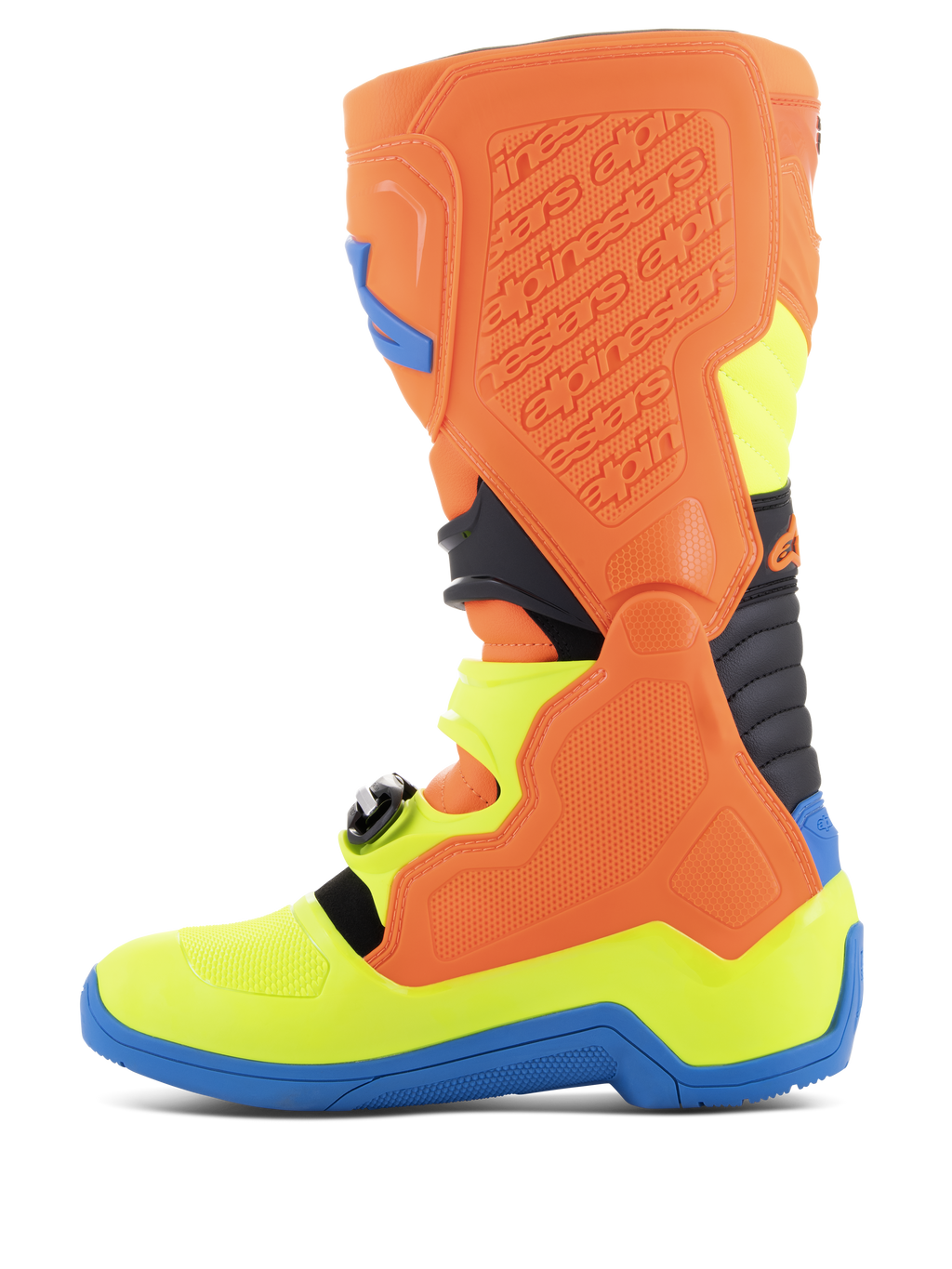 Alpinestars Tech 5 laarzen, motorcrosslaarzen, oranje fluo, enamel blauw en geel fluo, zijaanzicht met biomechanisch pivotsysteem, voorgevormde polymeerstructuur en duurzaam microvezel chassis voor off-road prestaties.