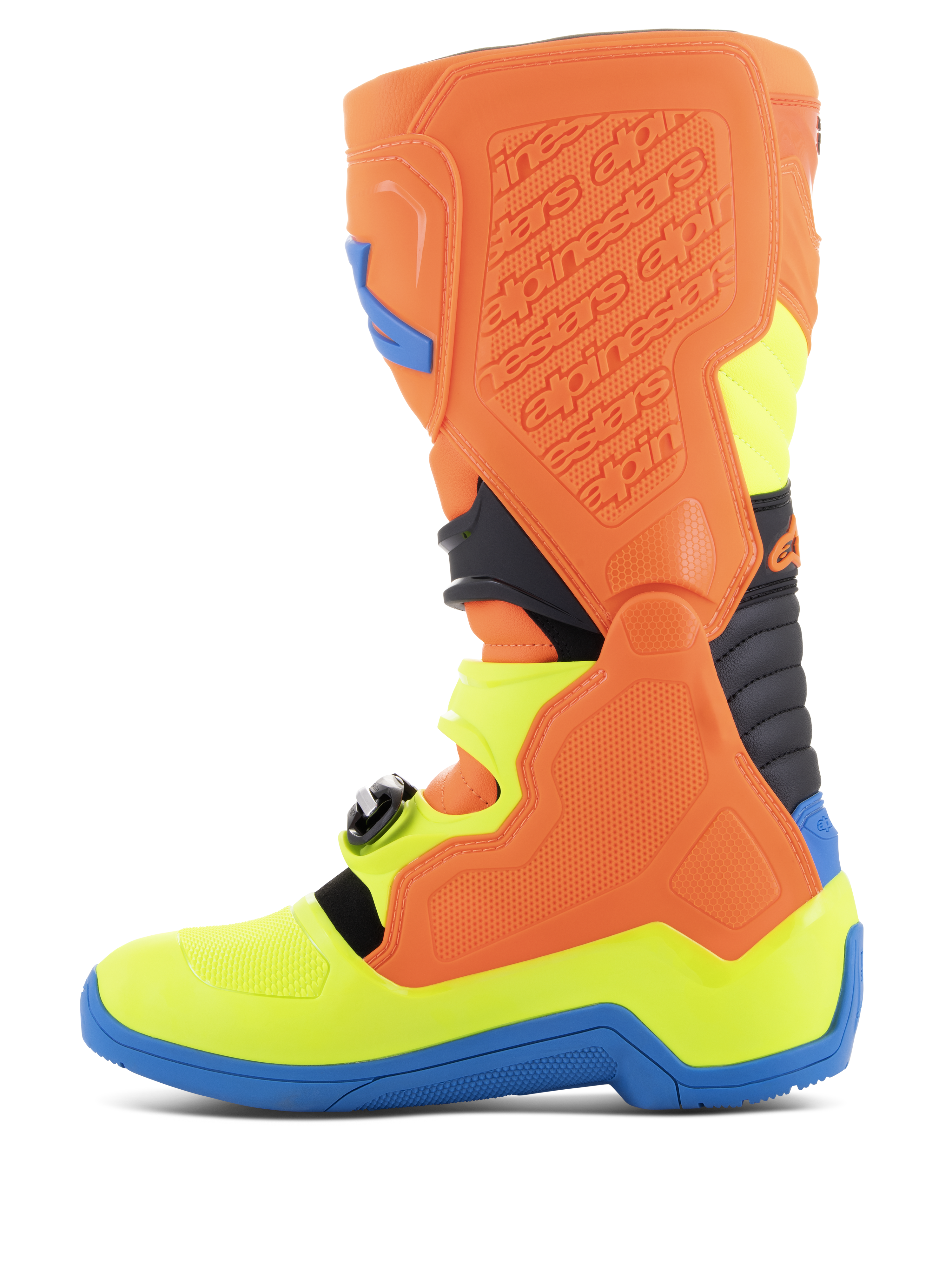 Alpinestars Tech 5 laarzen, motorcrosslaarzen, oranje fluo, enamel blauw en geel fluo, zijaanzicht met biomechanisch pivotsysteem, voorgevormde polymeerstructuur en duurzaam microvezel chassis voor off-road prestaties.