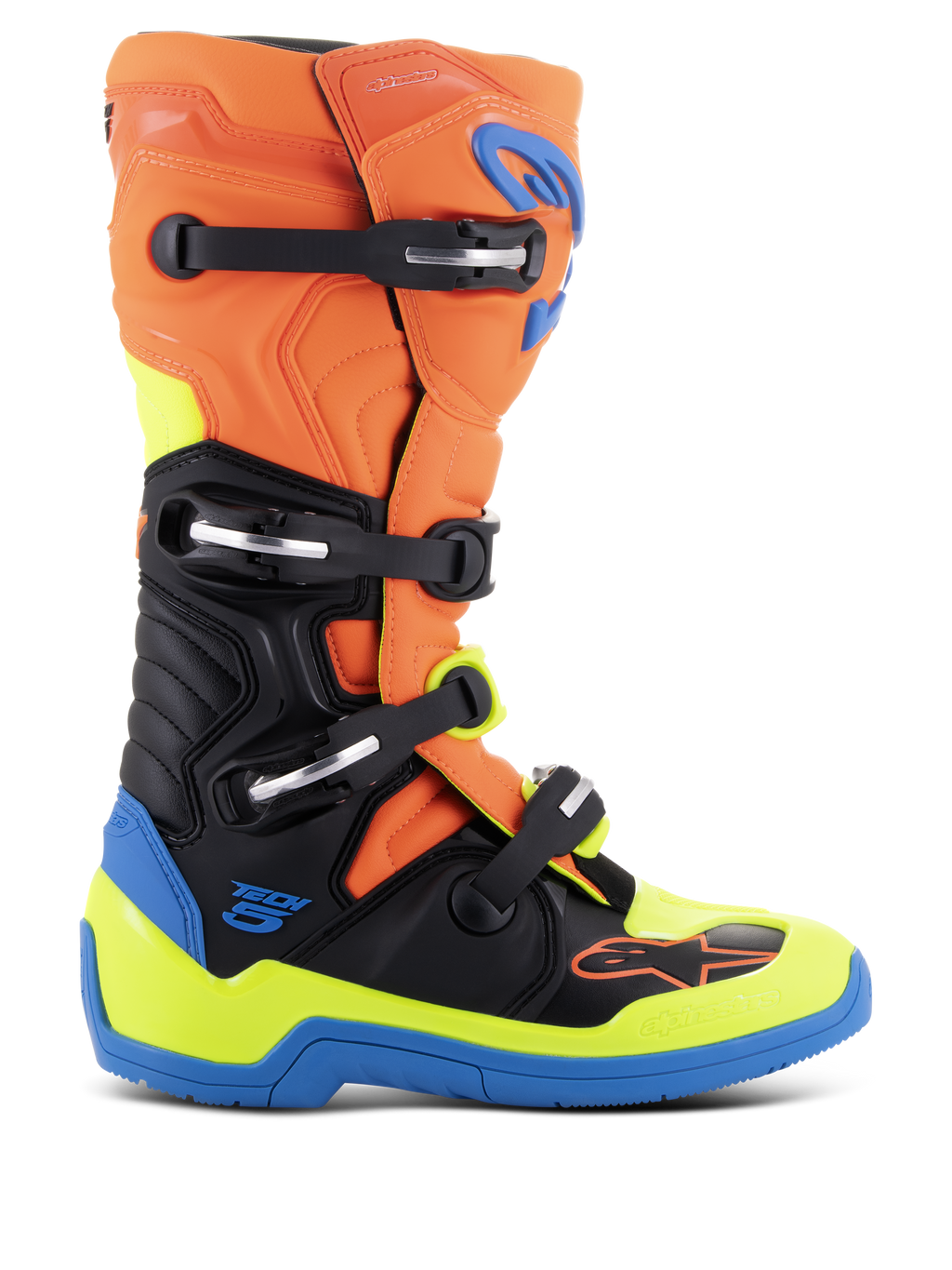 Alpinestars Tech 5 motorlaarzen, motorcrosslaarzen, oranje fluo, enamel blauw en geel fluo met zwart, voorzien van een systeem met vier gespen, microvezelconstructie met biomechanisch pivotsysteem en een versterkte blauwe zool.