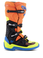 Alpinestars Tech 5 motorlaarzen, motorcrosslaarzen, oranje fluo, enamel blauw en geel fluo met zwart, voorzien van een systeem met vier gespen, microvezelconstructie met biomechanisch pivotsysteem en een versterkte blauwe zool.