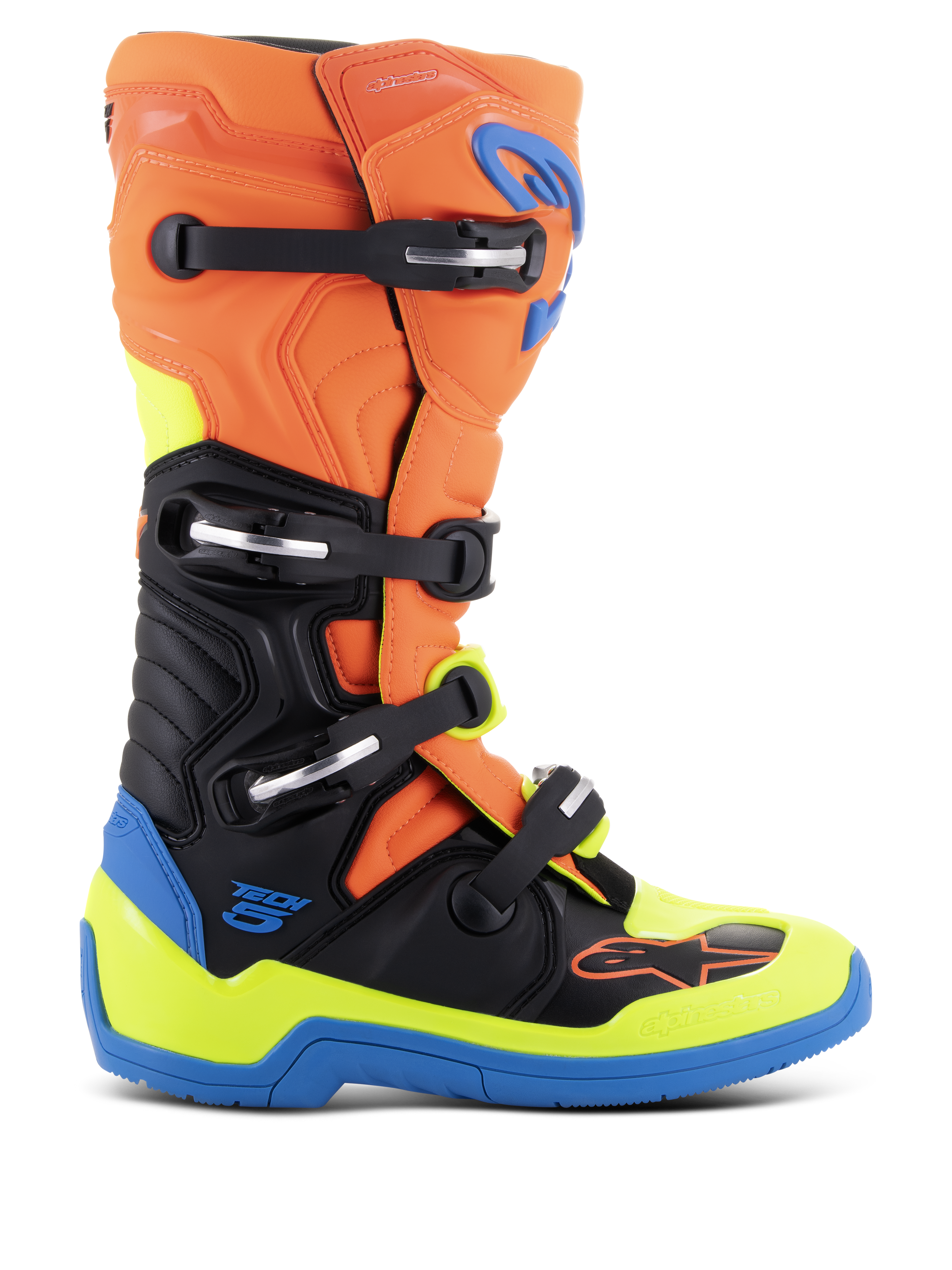 Alpinestars Tech 5 motorlaarzen, motorcrosslaarzen, oranje fluo, enamel blauw en geel fluo met zwart, voorzien van een systeem met vier gespen, microvezelconstructie met biomechanisch pivotsysteem en een versterkte blauwe zool.