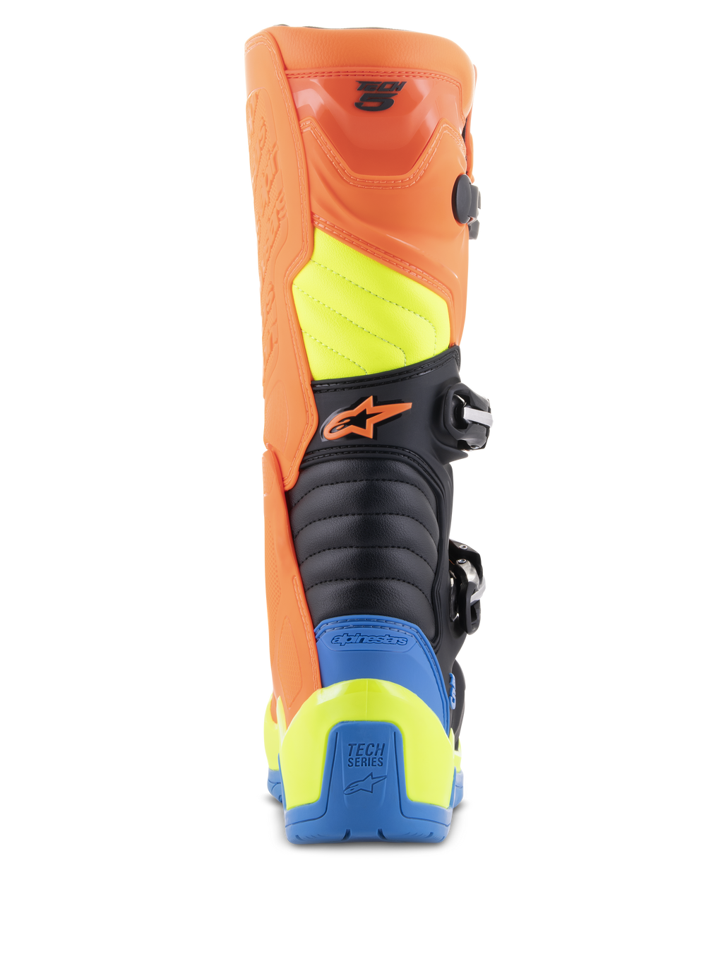 Alpinestars Tech 5 laarzen, motorcrosslaarzen, fluo oranje, emaille blauw en fluo geel, achteraanzicht met accordeon flexzones, duurzame polymeer kuitbeschermer en een opvallend meerkleurig paneelontwerp voor off-road racing