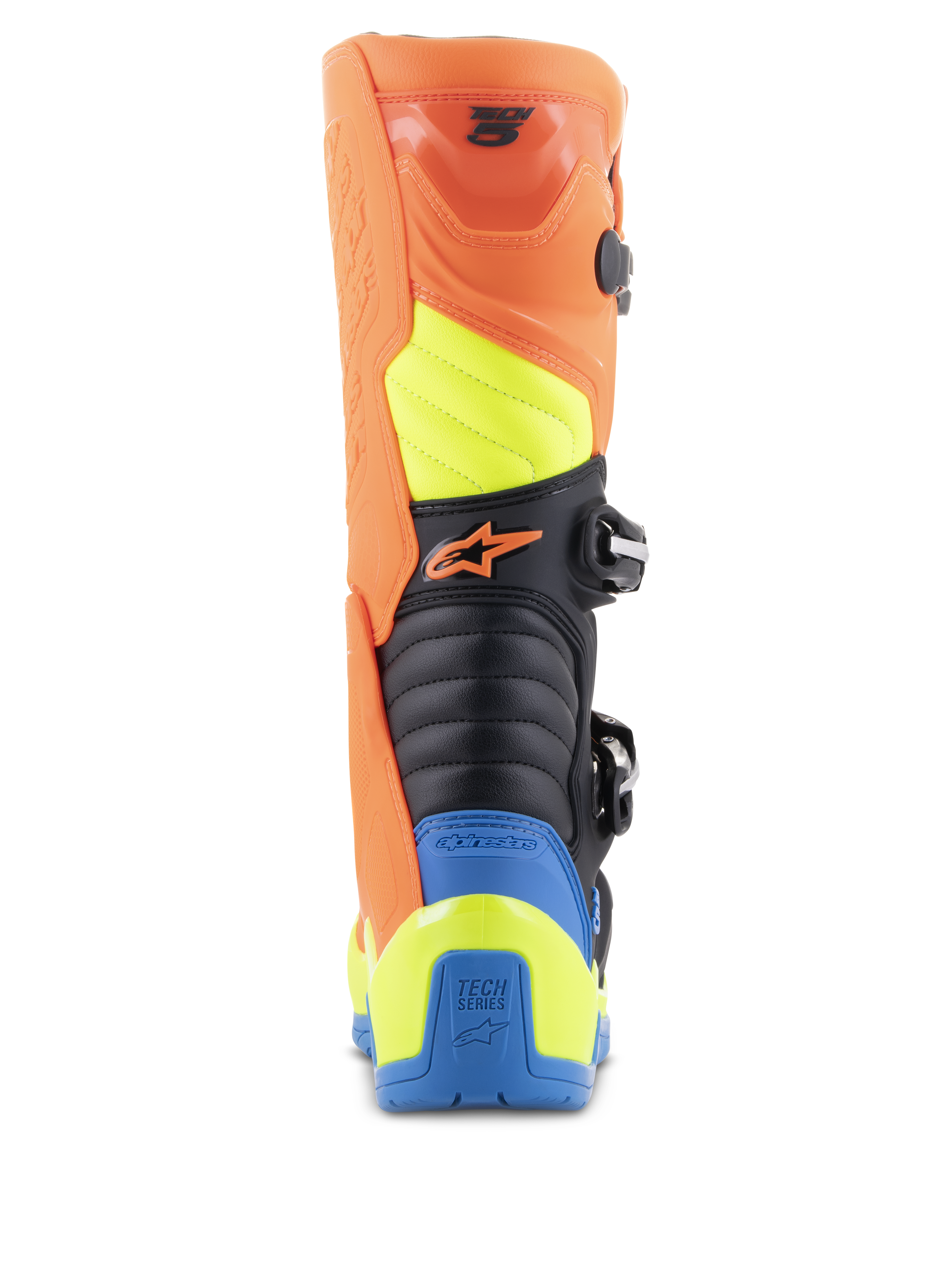 Alpinestars Tech 5 laarzen, motorcrosslaarzen, fluo oranje, emaille blauw en fluo geel, achteraanzicht met accordeon flexzones, duurzame polymeer kuitbeschermer en een opvallend meerkleurig paneelontwerp voor off-road racing