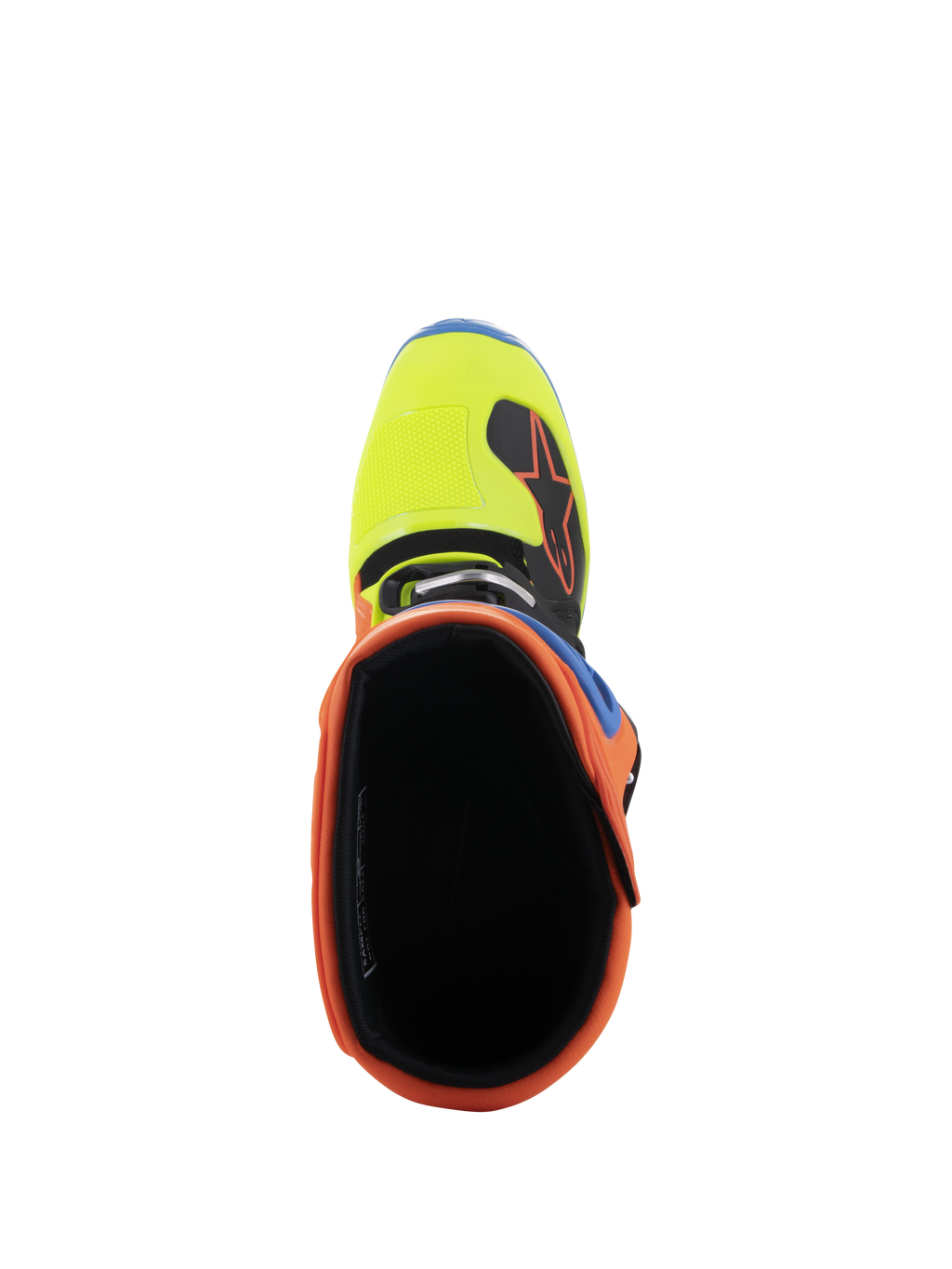Alpinestars Tech 5 laarzen, bovenaanzicht kijkend in de opening, met opvallende Orange Fluo kraag en Yellow Fluo teendoos, zwarte binnenvoering, duurzaam off-road motorcross schoeisel