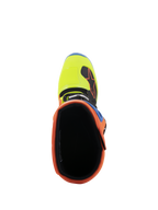 Alpinestars Tech 5 laarzen, bovenaanzicht kijkend in de opening, met opvallende Orange Fluo kraag en Yellow Fluo teendoos, zwarte binnenvoering, duurzaam off-road motorcross schoeisel