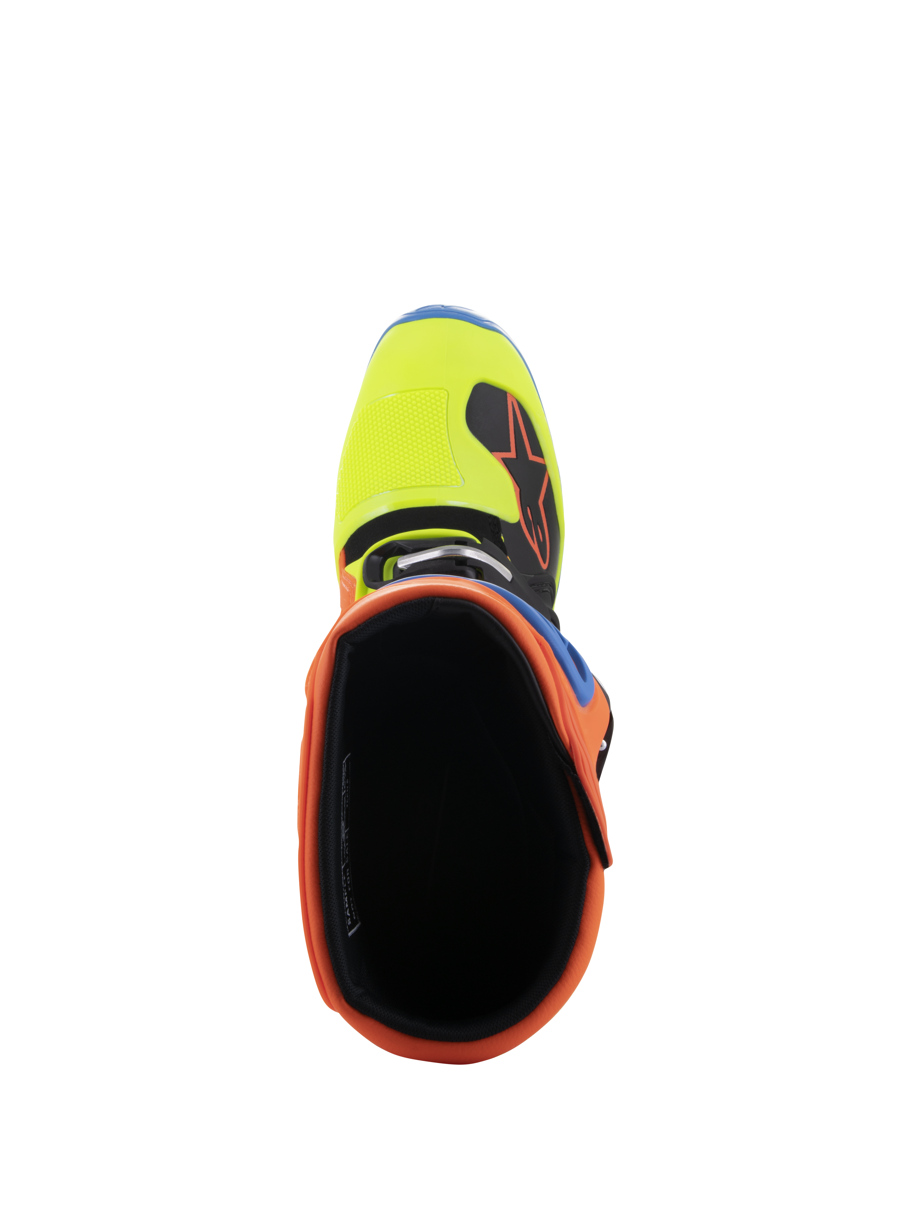 Alpinestars Tech 5 laarzen, bovenaanzicht kijkend in de opening, met opvallende Orange Fluo kraag en Yellow Fluo teendoos, zwarte binnenvoering, duurzaam off-road motorcross schoeisel