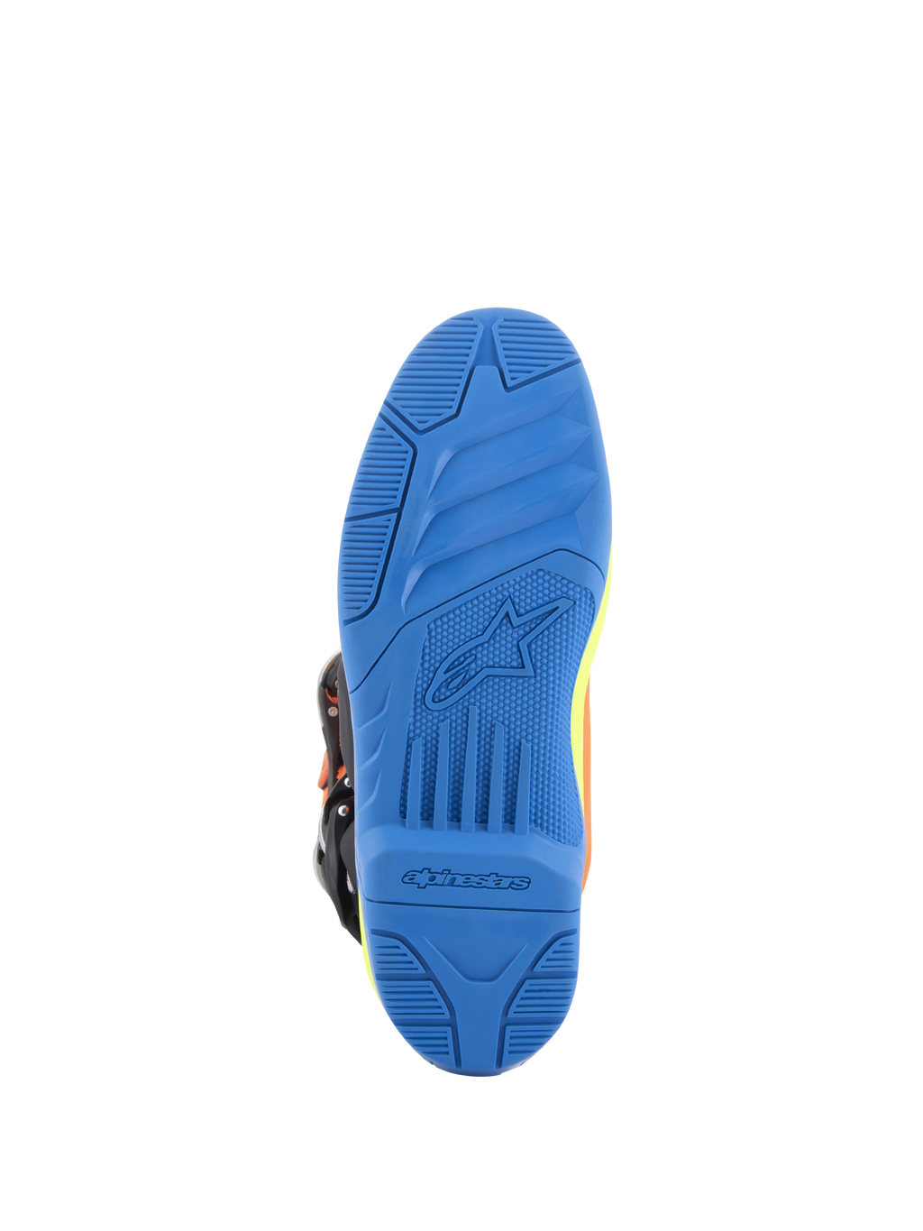 Alpinestars Tech 5 laarzen, motorcrosslaarzen, fluo oranje, enamel blauw en fluo geel, gedetailleerd onderaanzicht van de blauwe dual-compound zool met getextureerde grip en Alpinestars-branding