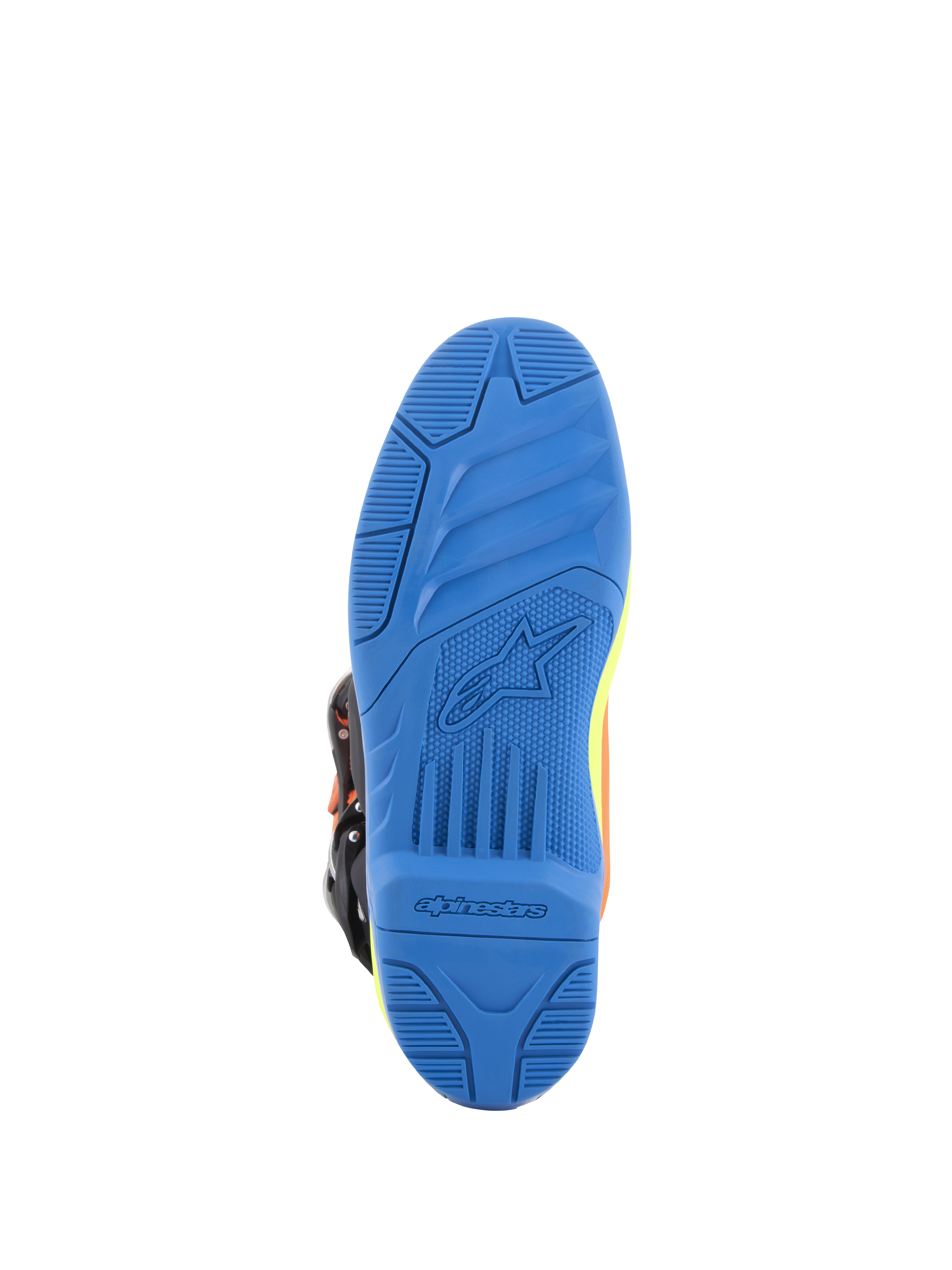 Alpinestars Tech 5 laarzen, motorcrosslaarzen, fluo oranje, enamel blauw en fluo geel, gedetailleerd onderaanzicht van de blauwe dual-compound zool met getextureerde grip en Alpinestars-branding