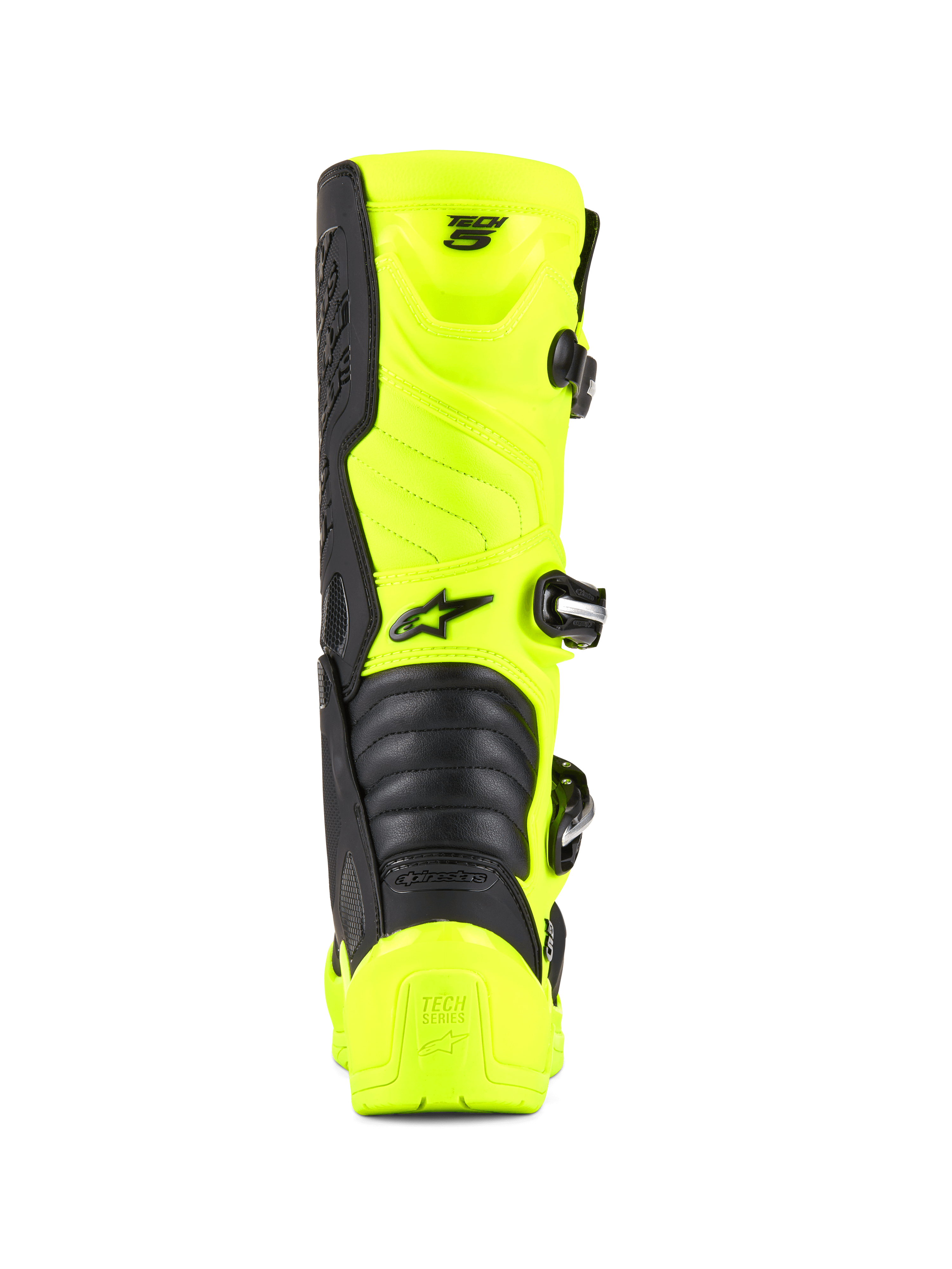 Alpinestars Tech 5 Boots, Motocross and Off-Road Boots, Yellow Fluo and Black, rear view showing the heel protector, buckle closure system, and accordion flex zones, professional racing footwear design