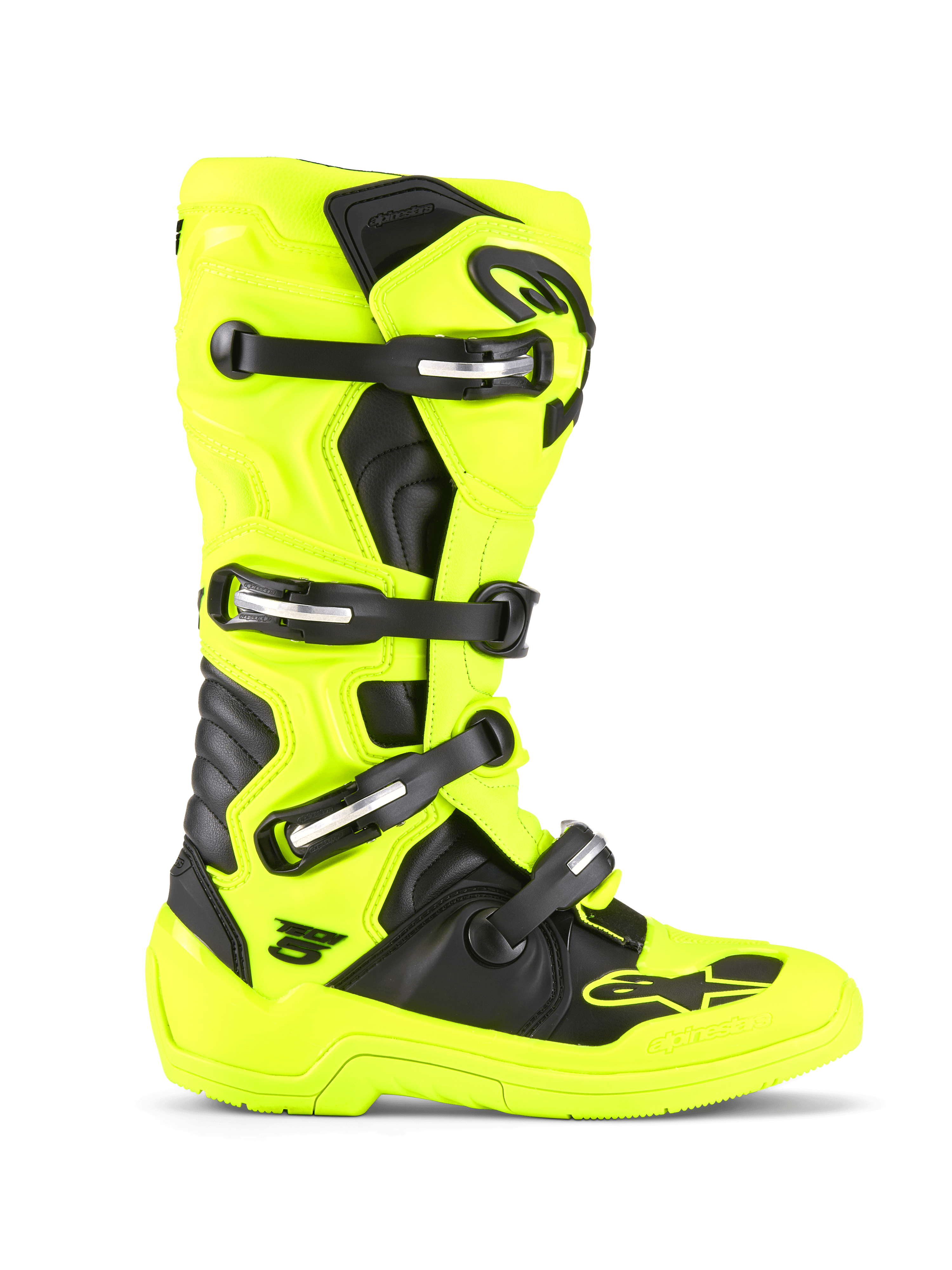 Alpinestars Tech 5 laarzen, motorcross- en off-roadlaarzen, fluorgeel en zwart, sluitsysteem met vier gespen, beschermende TPU-schaal, biomechanisch pivotsysteem, duurzame zool voor racen