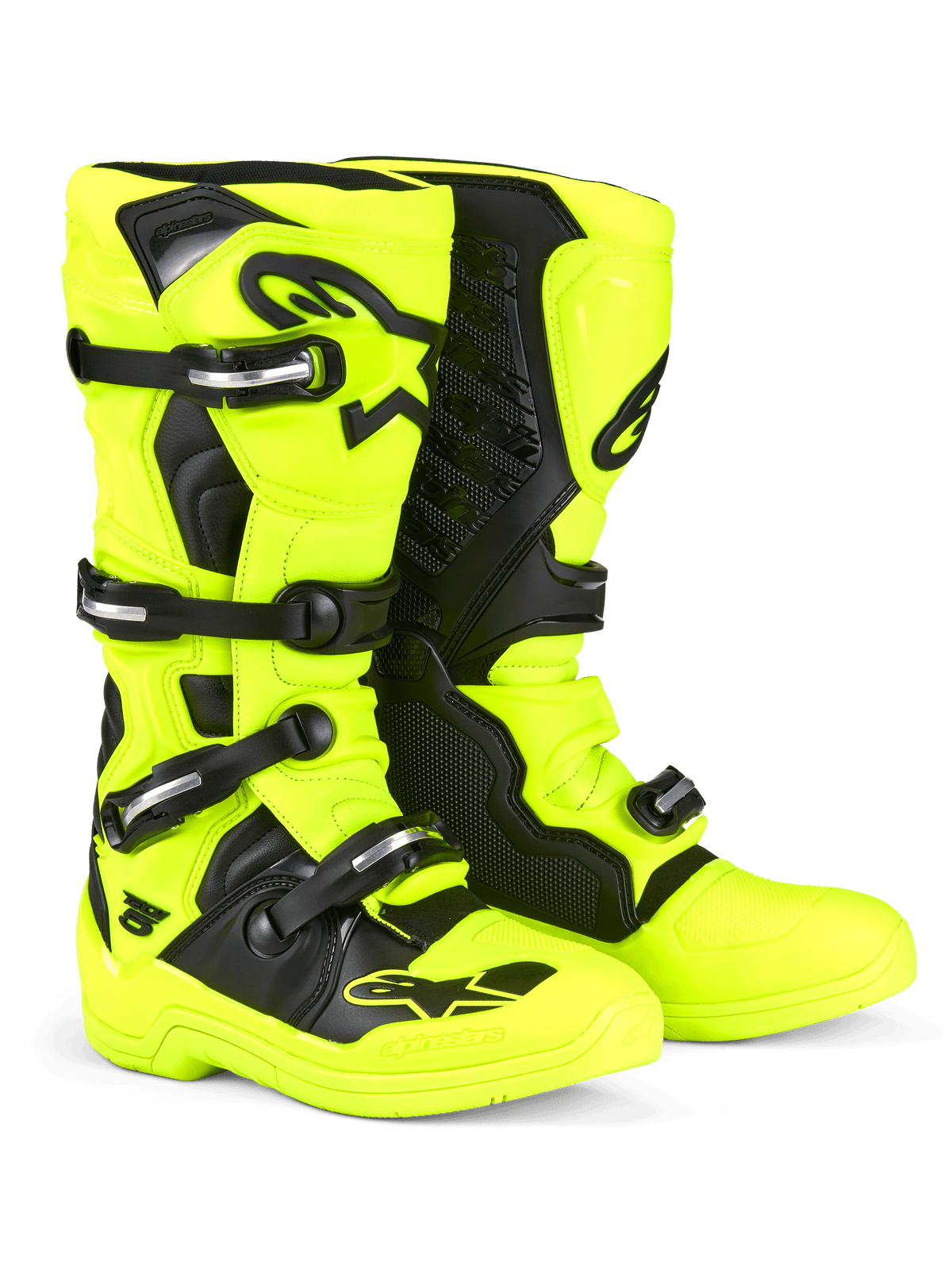 Alpinestars Tech 5 laarzen, motorcrosslaarzen, felgeel en zwart, voorzien van een sluitsysteem met meerdere gespen en zilveren details, zwarte beschermingspanelen en opvallende Alpinestars-logo's op het scheenbeen en de neus, ontworpen voor off-road prestaties