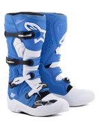 Alpinestars Tech 5 laarzen, motocross- en off-roadlaarzen, blauw en wit, constructie van verschillende materialen met vier zwart-witte gespen, witte scheenplaat met groot Astars-logo en een duurzame witte zool.
