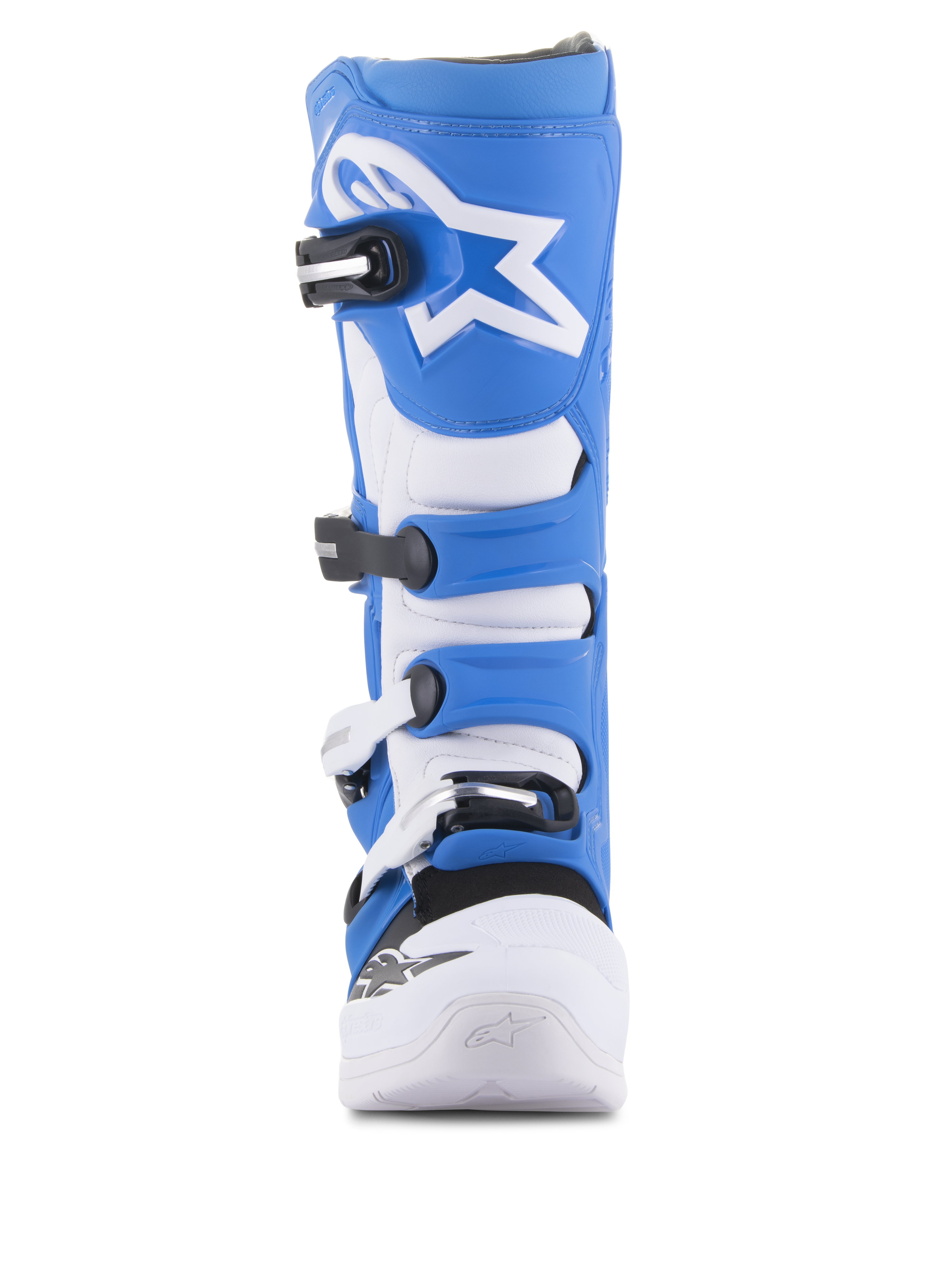 Alpinestars Tech 5 laarzen, motorcrosslaarzen, blauw en wit, vooraanzicht, met een sluitingssysteem met vier gespen, wit Alpinestars sterlogo op de blauwe scheenplaat, duurzaam microvezel chassis met versterkte witte neus
