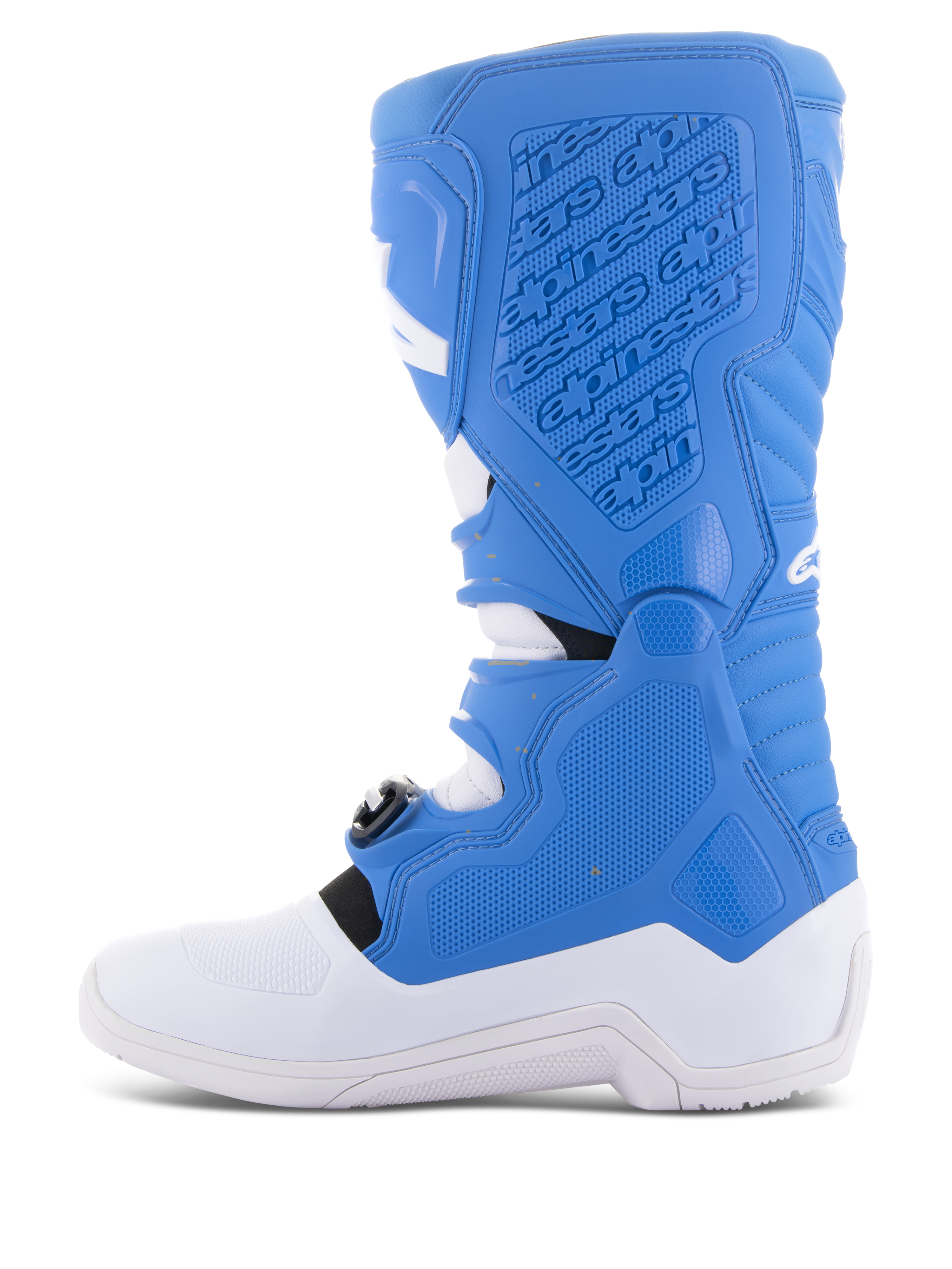 Alpinestars Tech 5 laarzen, motorcross laarzen, blauw en wit, zijprofiel met mediale zijde voorzien van reliëf branding, getextureerde gripvlakken en duurzame witte zool voor off-road bescherming