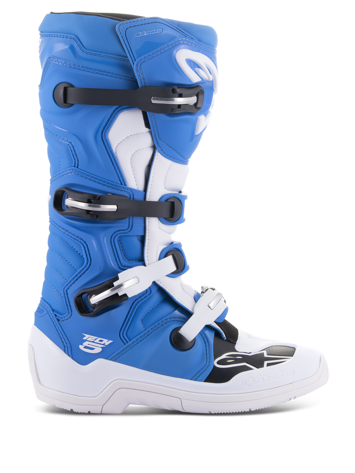 Alpinestars Tech 5 motorlaarzen, motorcrosslaarzen, blauw en wit met zwarte accenten, hoog off-road race-ontwerp, vier verstelbare gespen, verstevigde scheenplaat, Alpinestars sterlogo op de neus, duurzame constructie voor dirtbike-prestaties