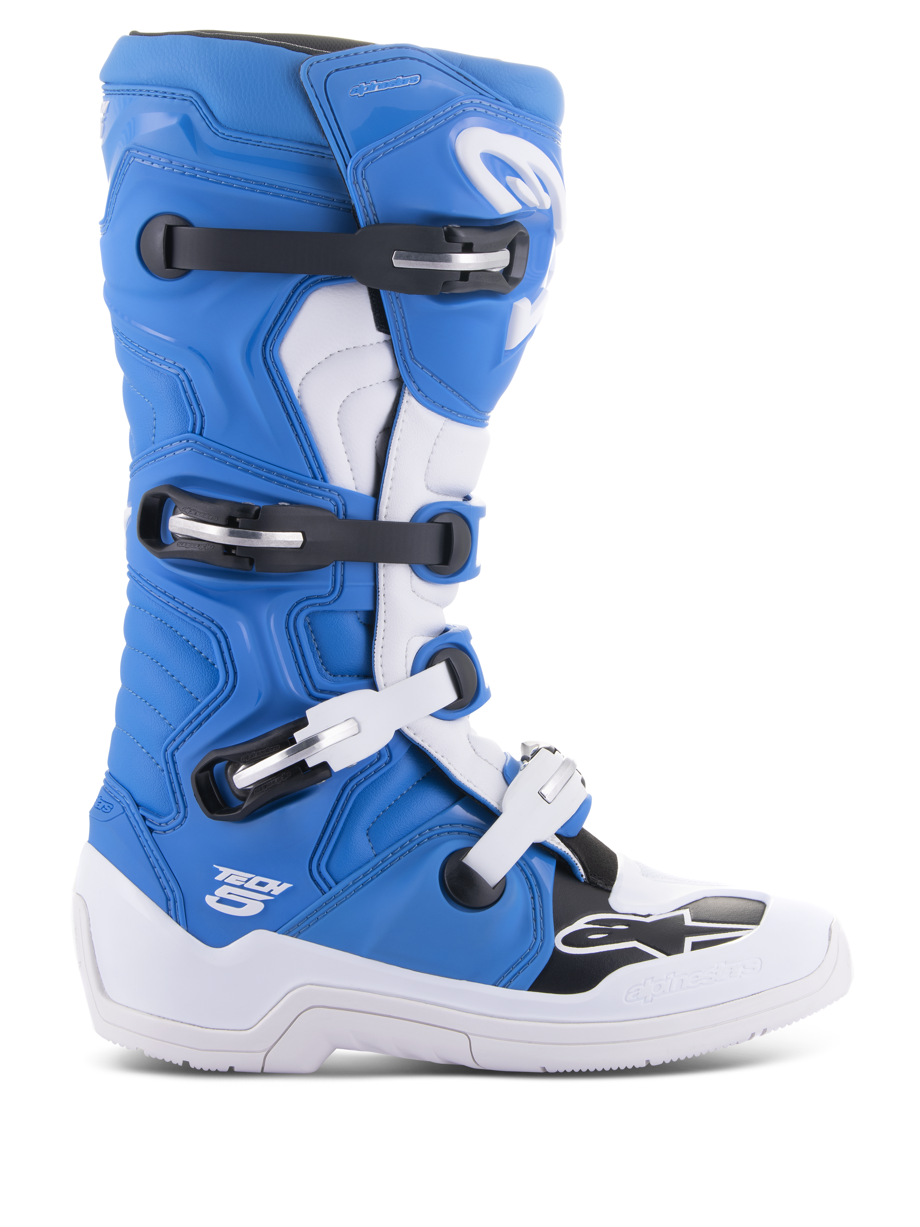 Alpinestars Tech 5 motorlaarzen, motorcrosslaarzen, blauw en wit met zwarte accenten, hoog off-road race-ontwerp, vier verstelbare gespen, verstevigde scheenplaat, Alpinestars sterlogo op de neus, duurzame constructie voor dirtbike-prestaties