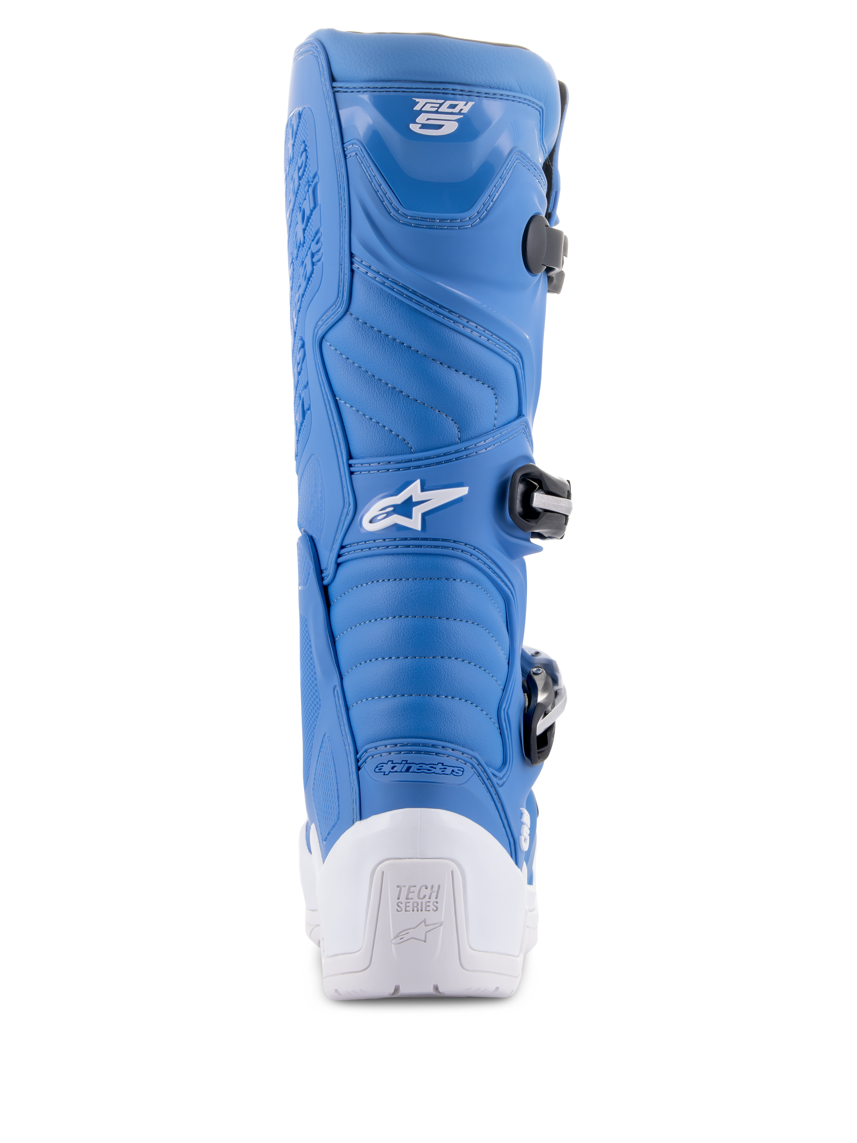Alpinestars Tech 5 laarzen, blauw en wit, achteraanzicht met de witte beschermende hiel met Tech Series-logo, blauw microfiber bovenwerk met accordeon flexzones en zwart gespsysteem, hoogwaardig motorcross-schoeisel