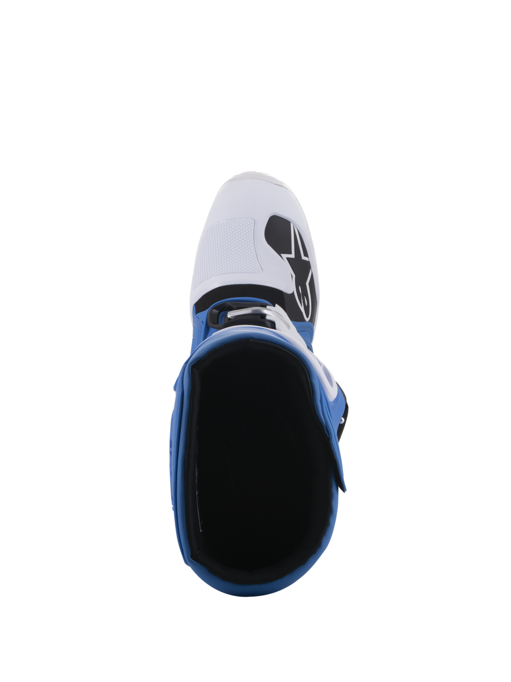 Alpinestars Tech 5 laarzen, blauw en wit, bovenaanzicht met zicht op de binnenvoering en witte neus met zwart logo, constructie uit meerdere panelen voor off-road en motorcross