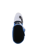 Alpinestars Tech 5 laarzen, blauw en wit, bovenaanzicht met zicht op de binnenvoering en witte neus met zwart logo, constructie uit meerdere panelen voor off-road en motorcross