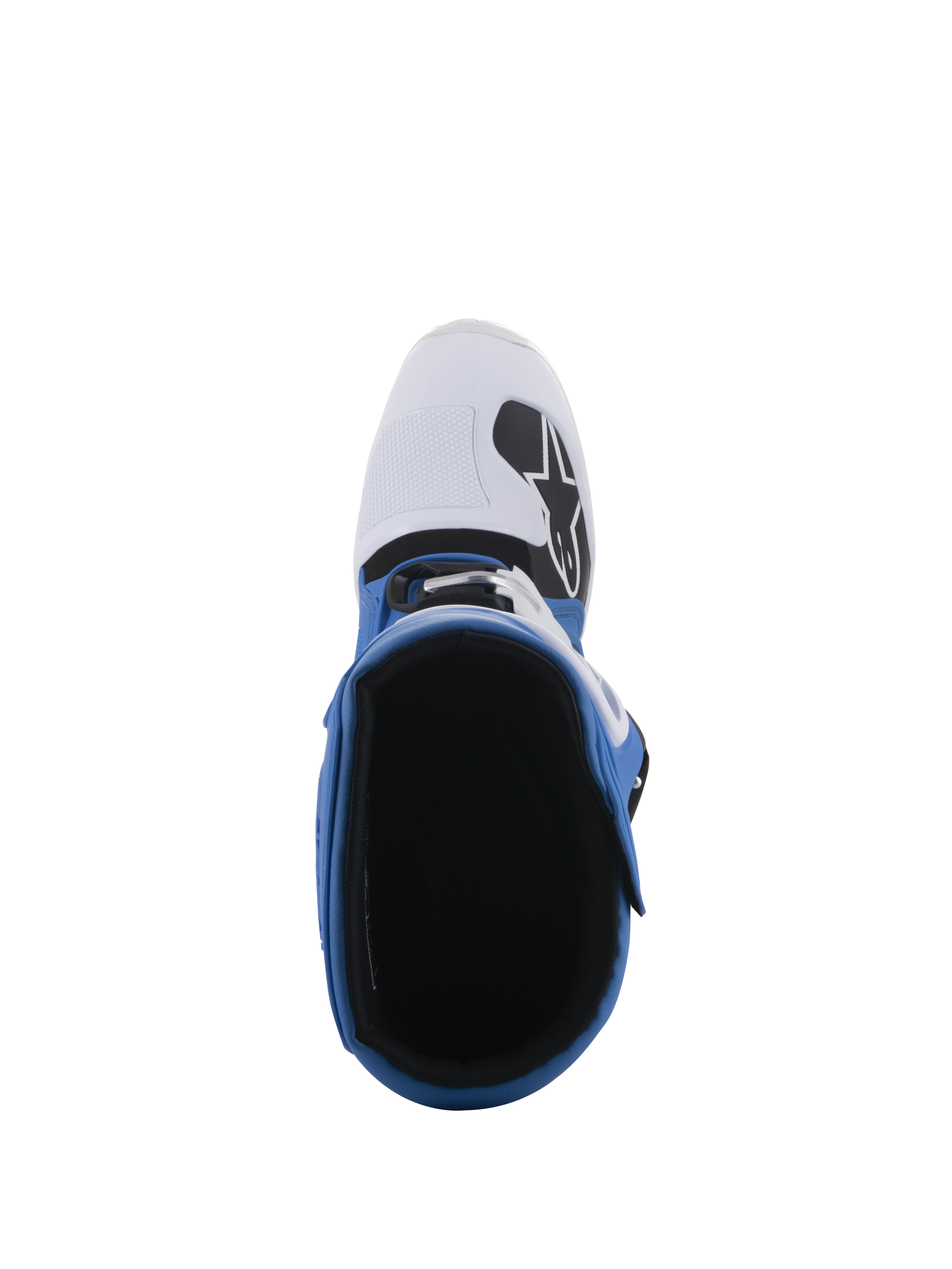 Alpinestars Tech 5 laarzen, blauw en wit, bovenaanzicht met zicht op de binnenvoering en witte neus met zwart logo, constructie uit meerdere panelen voor off-road en motorcross