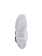 Alpinestars Tech 5 laarzen, motorcrosslaarzen, blauw en wit, zoolaanzicht met witte rubberen buitenzool voorzien van Alpinestars-logo in reliëf en getextureerd grippatroon, duurzame constructie voor off-road rijden