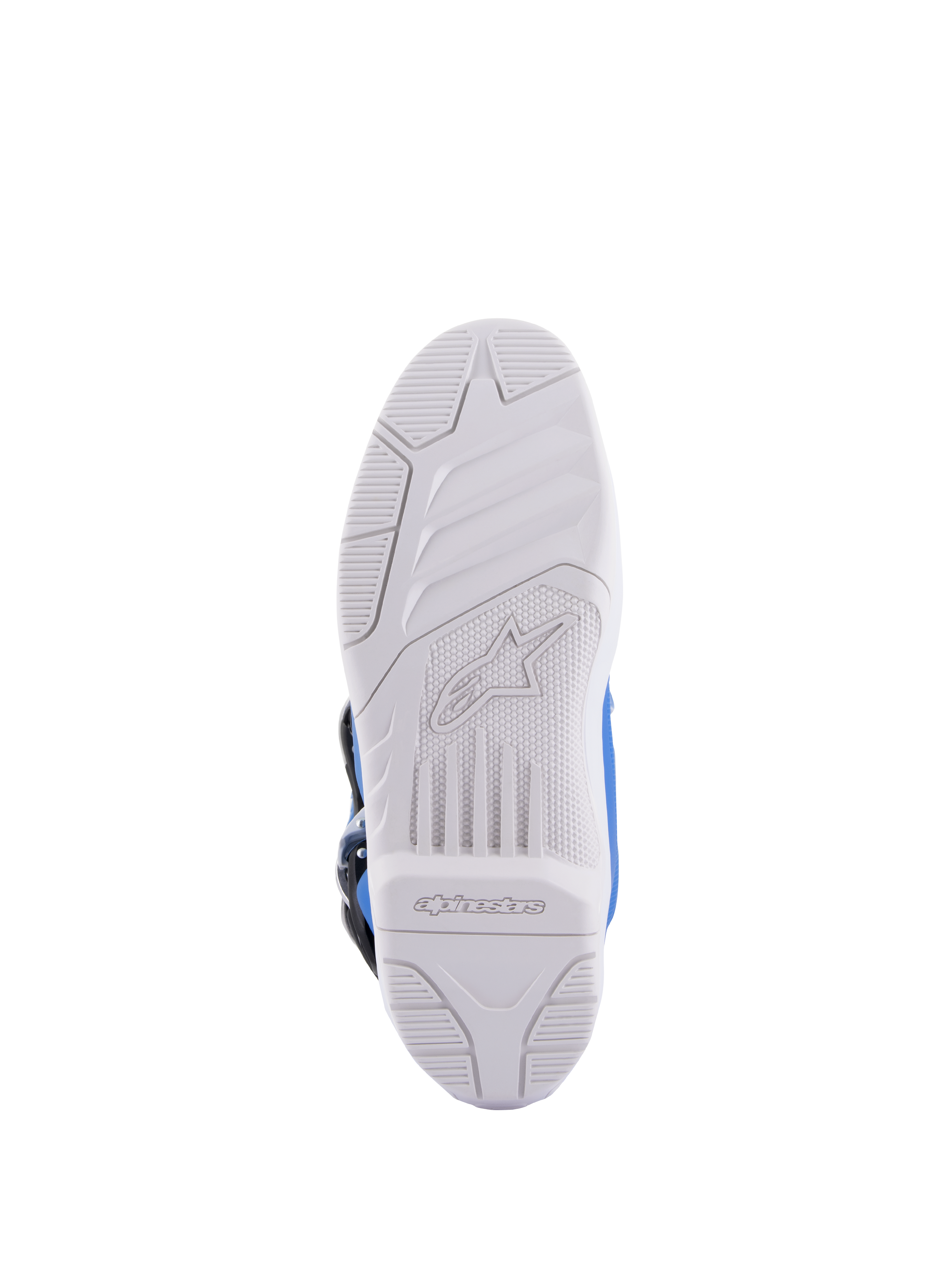 Alpinestars Tech 5 laarzen, motorcrosslaarzen, blauw en wit, zoolaanzicht met witte rubberen buitenzool voorzien van Alpinestars-logo in reliëf en getextureerd grippatroon, duurzame constructie voor off-road rijden