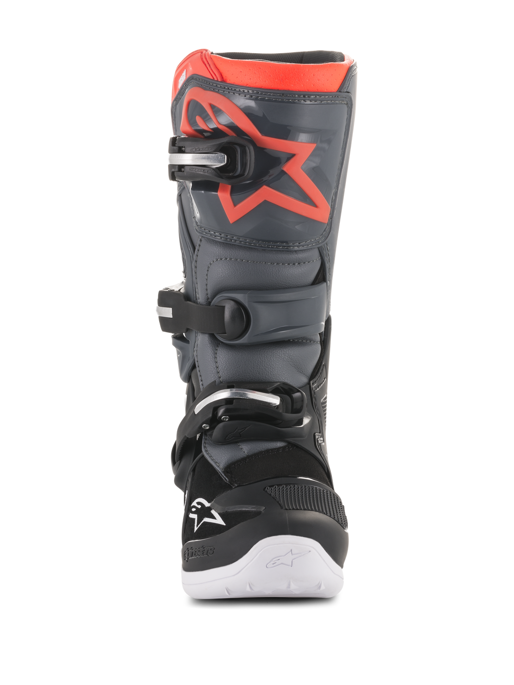 Alpinestars Youth Tech 7S motorlaarzen, motorcrosslaarzen, zwart en donkergrijs met fluorescerend rode accenten, vooraanzicht, voorzien van een TPU-scheenplaat met rood sterlogo, sluitsysteem met drie gespen en witte geïntegreerde zool, duurzame off-road beschermende uitrusting