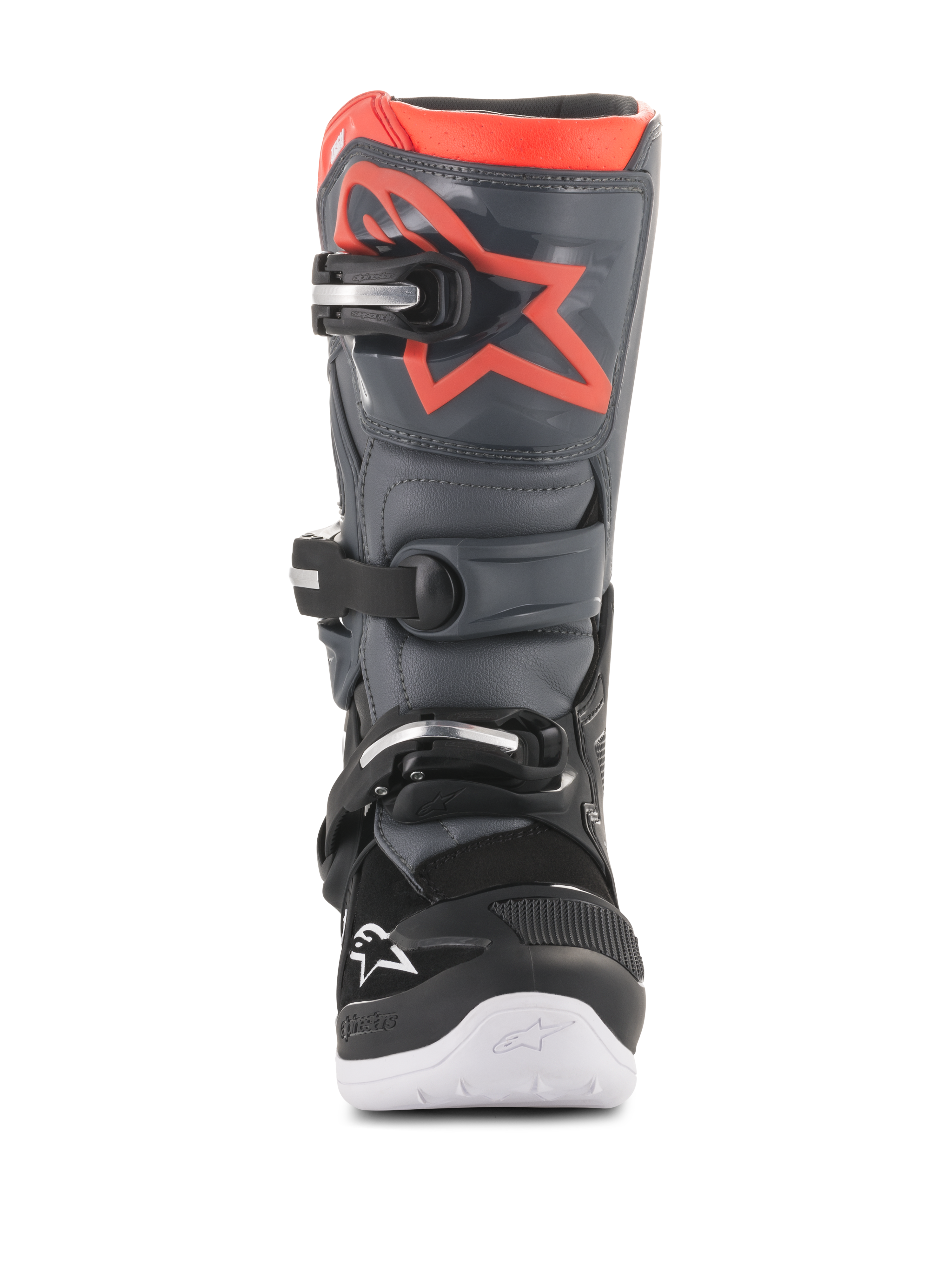 Alpinestars Youth Tech 7S motorlaarzen, motorcrosslaarzen, zwart en donkergrijs met fluorescerend rode accenten, vooraanzicht, voorzien van een TPU-scheenplaat met rood sterlogo, sluitsysteem met drie gespen en witte geïntegreerde zool, duurzame off-road beschermende uitrusting