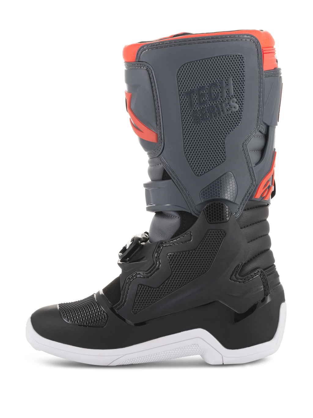 Alpinestars Youth Tech 7S laarzen, motorcrosslaarzen, zwart, donkergrijs en fluo rood, zijaanzicht met beschermende TPU-panelen, Tech Series-branding en witte zool