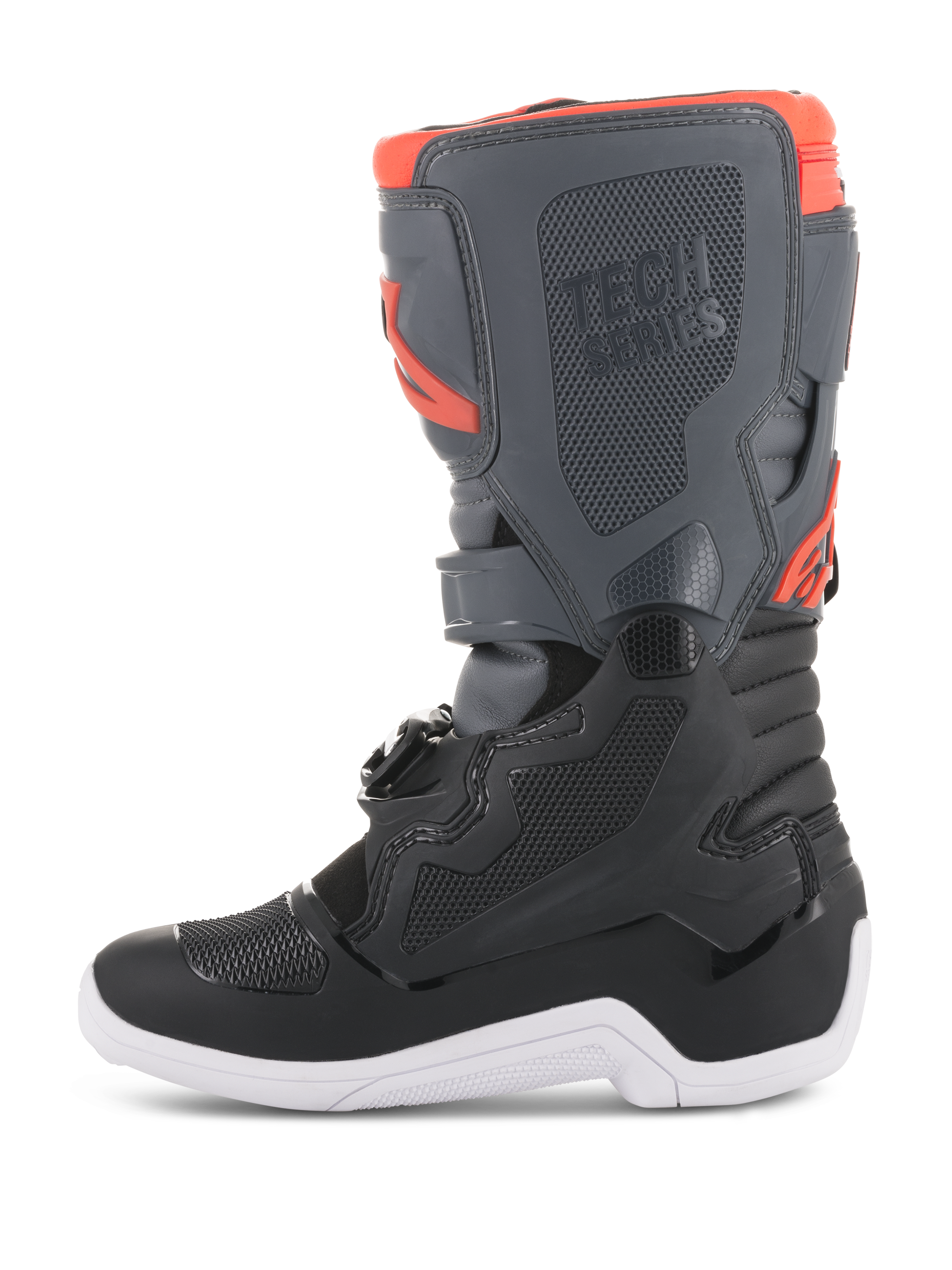 Alpinestars Youth Tech 7S laarzen, motorcrosslaarzen, zwart, donkergrijs en fluo rood, zijaanzicht met beschermende TPU-panelen, Tech Series-branding en witte zool