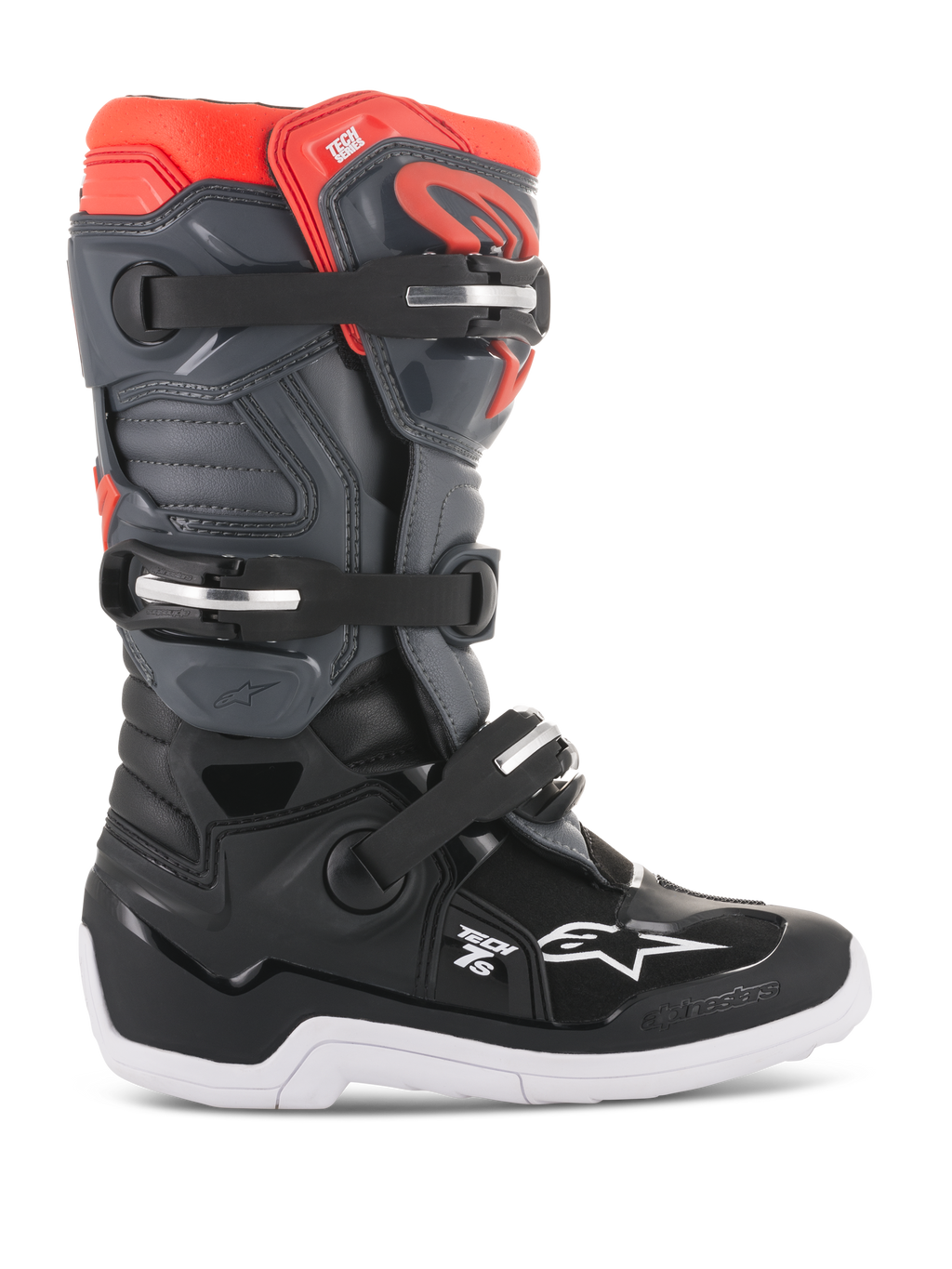 Alpinestars Youth Tech 7S motorlaarzen, motocross off-road laarzen, zwart, donkergrijs en fluoriserend rood, hoge constructie met drie verstelbare gespen, verstevigde neus en hiel, dikke witte zool met grippatroon, duurzame TPU-bescherming en synthetisch bovenwerk