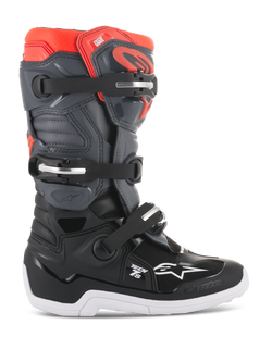 Alpinestars Youth Tech 7S motorlaarzen, motocross off-road laarzen, zwart, donkergrijs en fluoriserend rood, hoge constructie met drie verstelbare gespen, verstevigde neus en hiel, dikke witte zool met grippatroon, duurzame TPU-bescherming en synthetisch bovenwerk