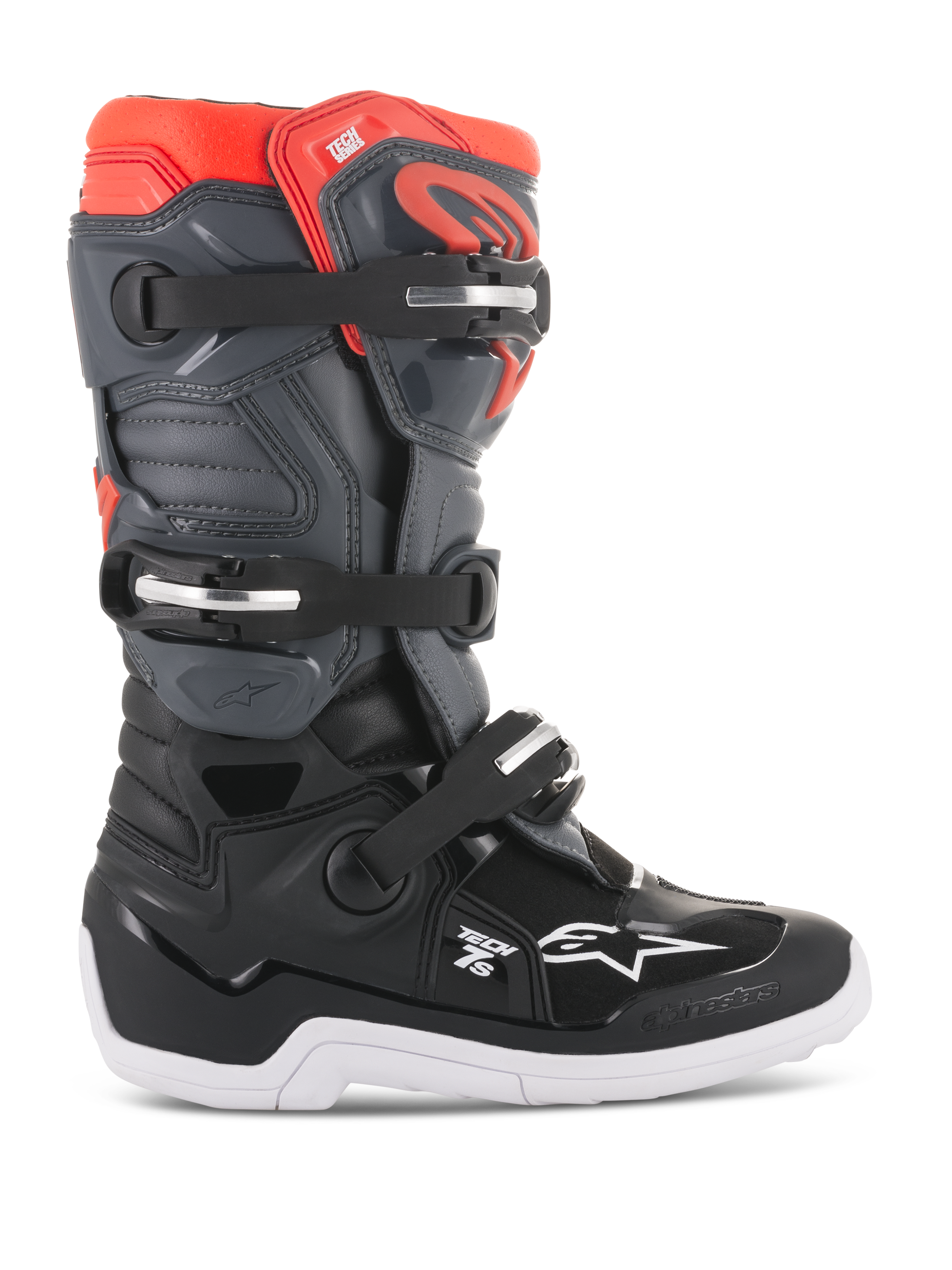 Alpinestars Youth Tech 7S motorlaarzen, motocross off-road laarzen, zwart, donkergrijs en fluoriserend rood, hoge constructie met drie verstelbare gespen, verstevigde neus en hiel, dikke witte zool met grippatroon, duurzame TPU-bescherming en synthetisch bovenwerk