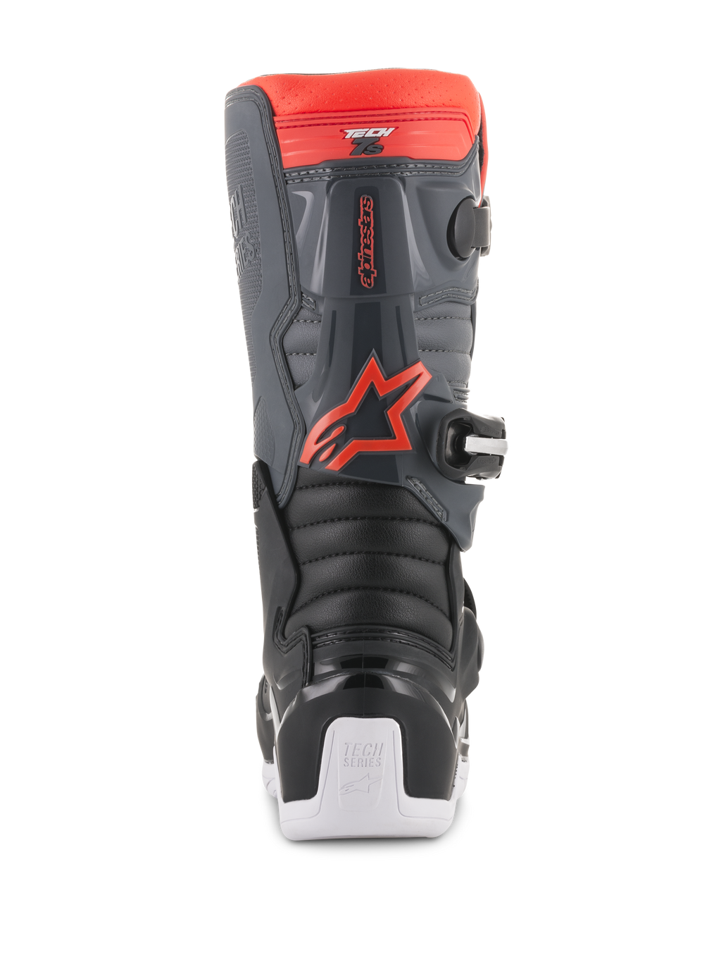 Alpinestars Youth Tech 7S laarzen, motorcross laarzen, zwart, donkergrijs en fluorood, achteraanzicht met TPU-beschermingspanelen, rood fluorescerend Alpinestars-logo en witte zoolaccenten, duurzaam beschermend off-road schoeisel.