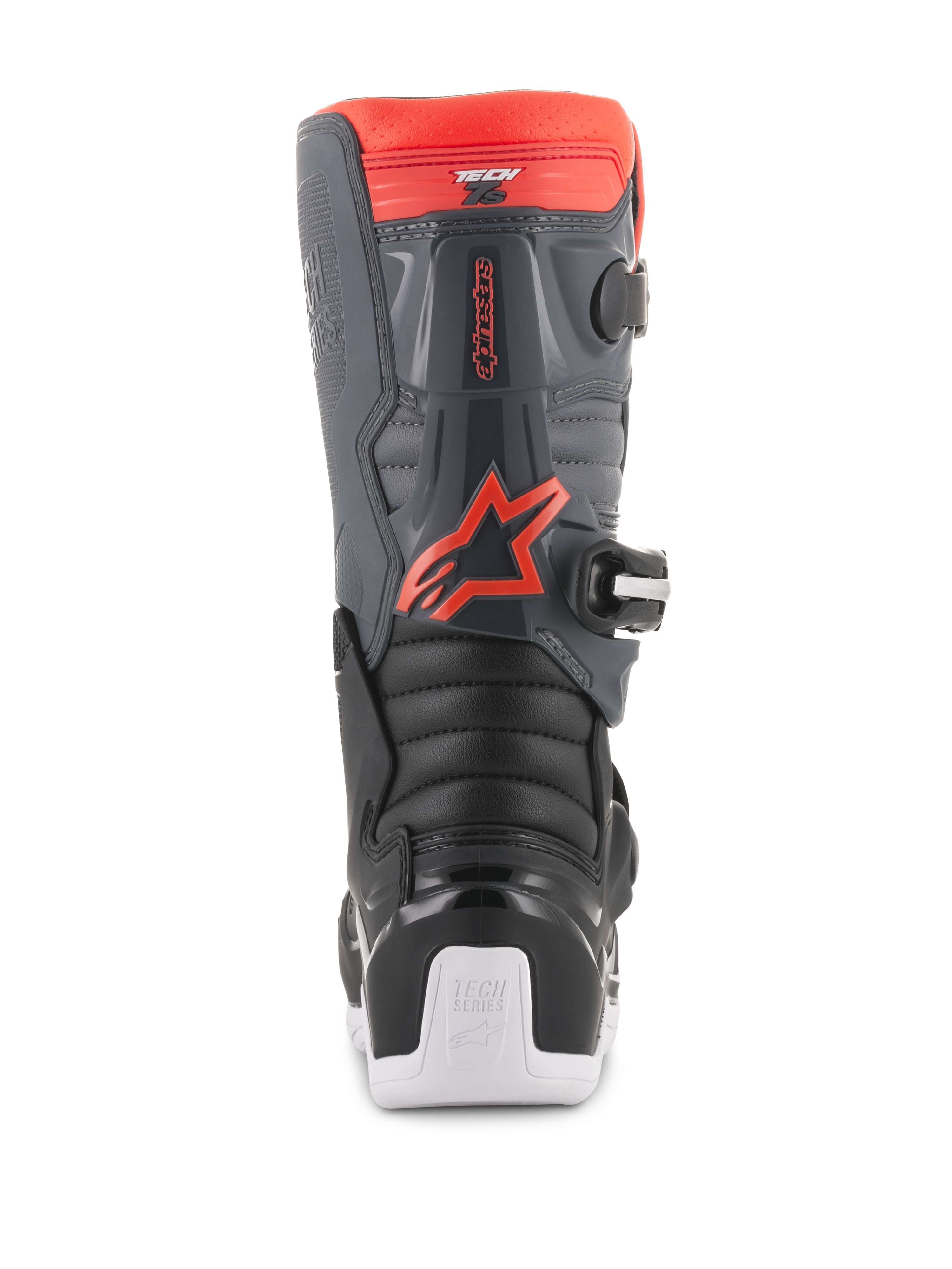 Alpinestars Youth Tech 7S laarzen, motorcross laarzen, zwart, donkergrijs en fluorood, achteraanzicht met TPU-beschermingspanelen, rood fluorescerend Alpinestars-logo en witte zoolaccenten, duurzaam beschermend off-road schoeisel.