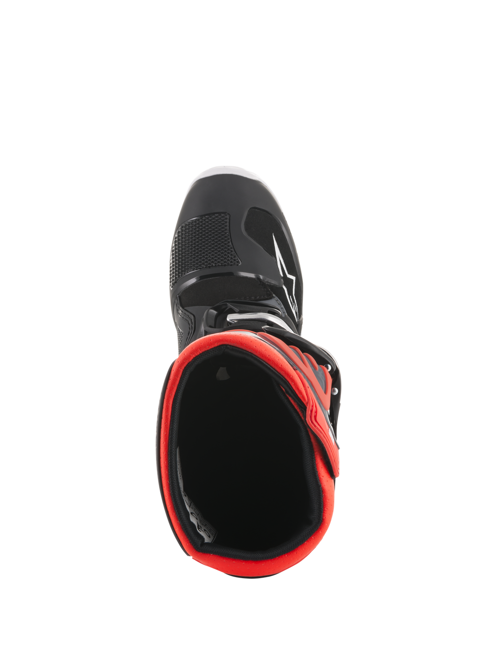 Alpinestars Youth Tech 7S laarzen, motorcrosslaarzen, zwart en fluorescerend rood, bovenaanzicht met zicht op de rode binnenvoering, voorzien van een zwarte buitenkant met wit sterlogo en duurzame synthetische constructie